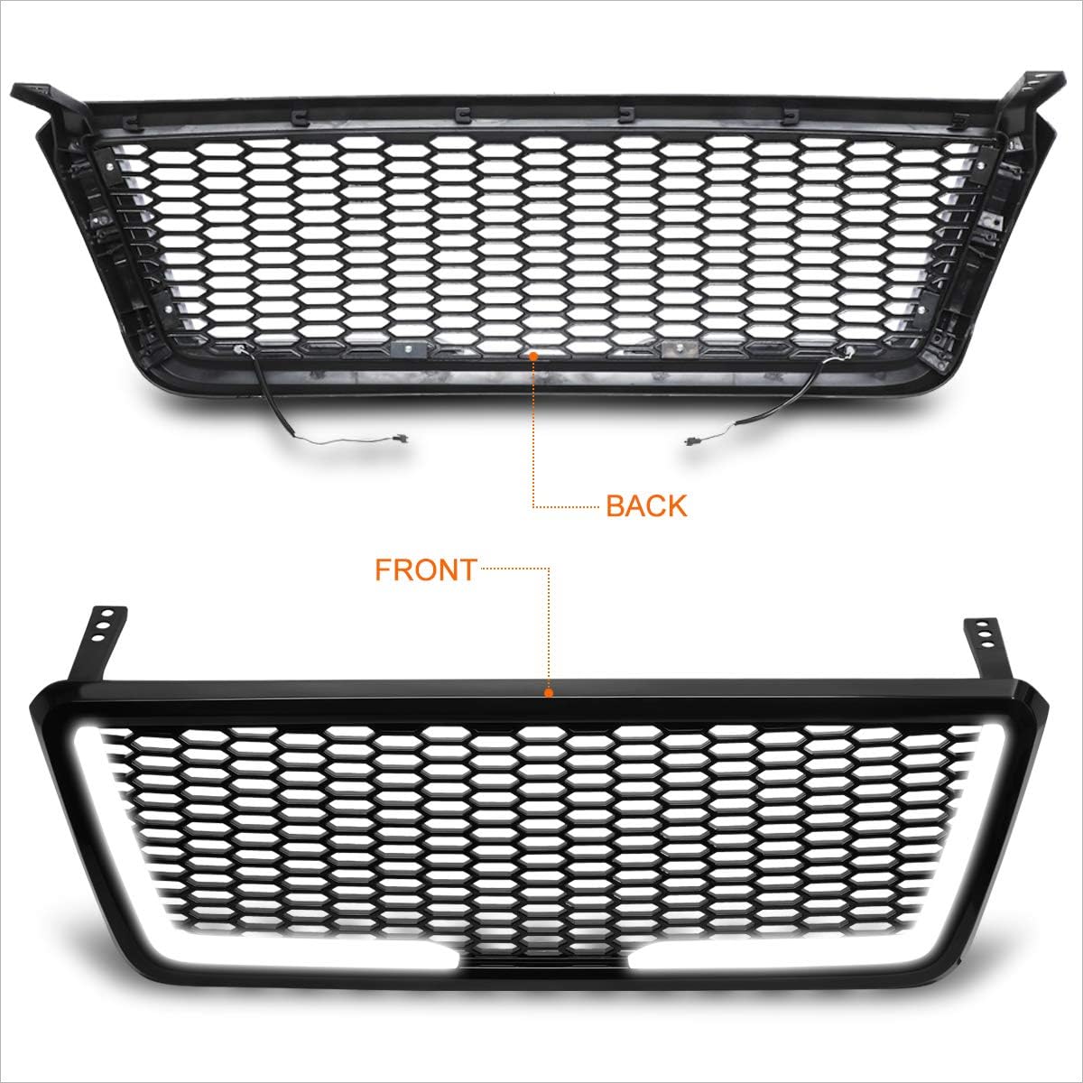 Honeycomb Mesh Front Bumper Grille Grill w/LED Light Compatible with 04-08 Ford F150,Black
