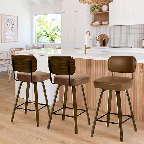 Miniatura 25 de Bekrvio Juego de 3 taburetes de bar giratorios de altura de mostrador, taburetes de bar tapizados de piel sintética con respaldo de ratán, sillas de