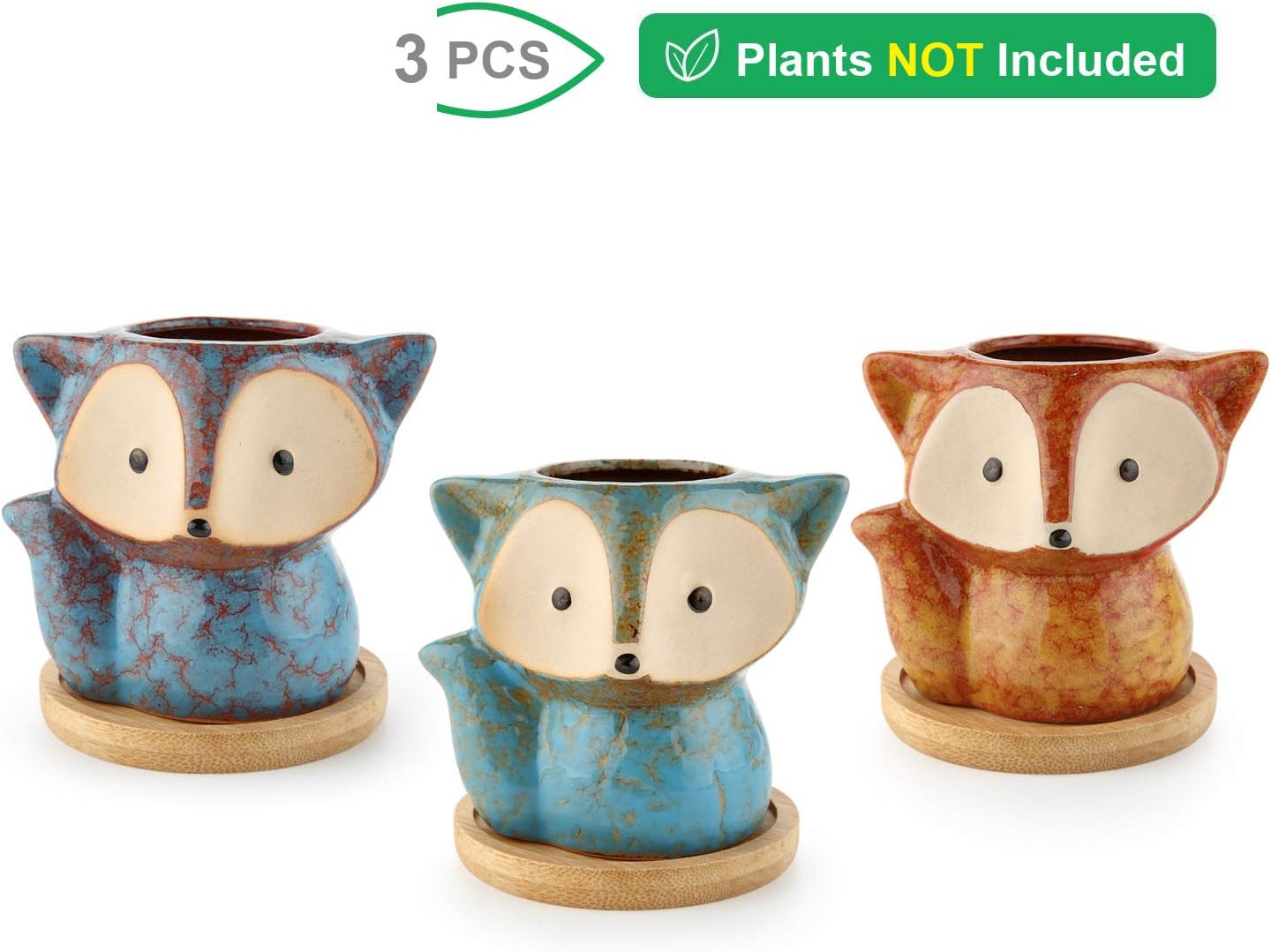 T4U Ceramic Succulent Planter Pot, Fox Shaped Cute Cactus Plant Pot with Bamboo Tray for Home Office Desk Decoration Birthday Wedding with Transmutation Glaze, Set of 3(Multi Set)