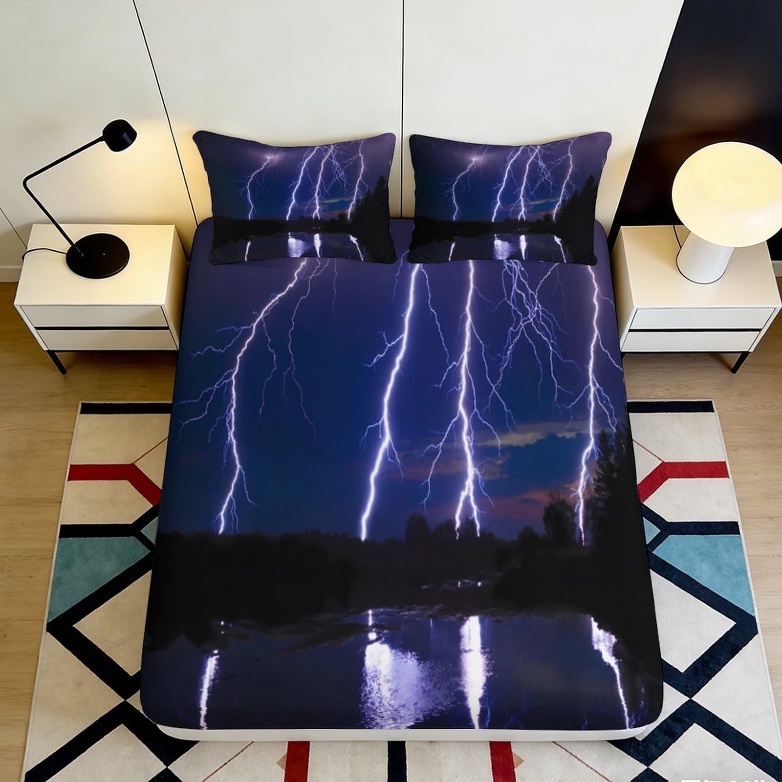 3D Printed Lightning Fitted Sheet Microfiber Deep Pocket Thunderstorm Mattress Fitted Cover Non-Slip Washable for Bedroom 200x200x25cm 90x200x25cm