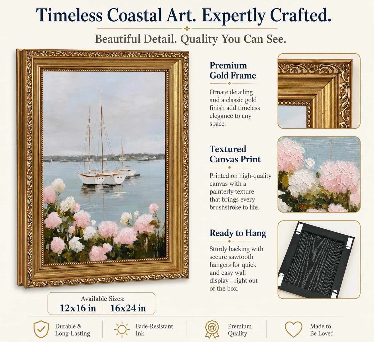 Vintage Gold Framed Coastal Wall Art - Sailboat Hydrangea Print image 5