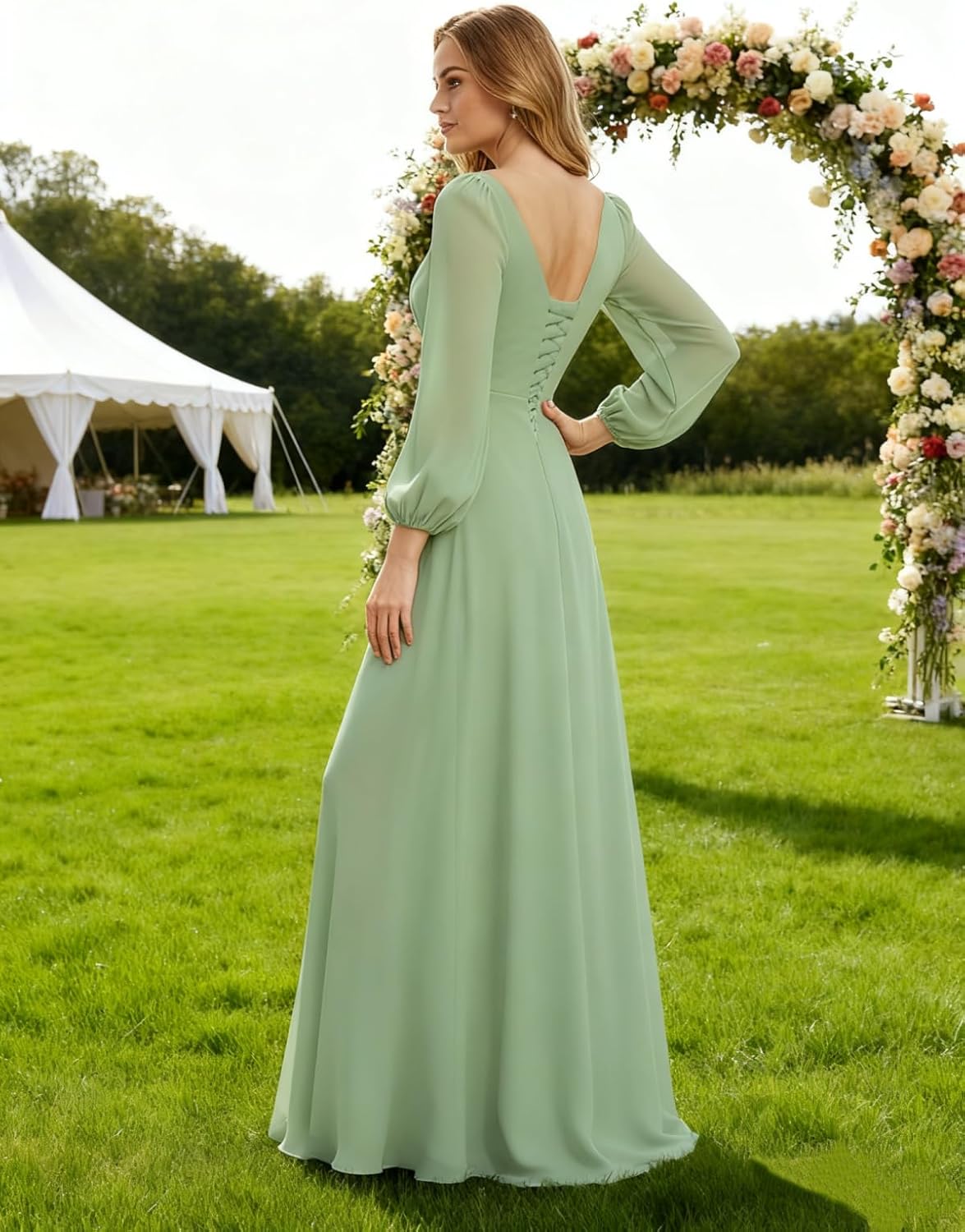 Women's Chiffon Bridesmaid Dresses Long Sleeve Ruffles V-Neck Pleated Formal Wedding Guest Dresses - Image 3