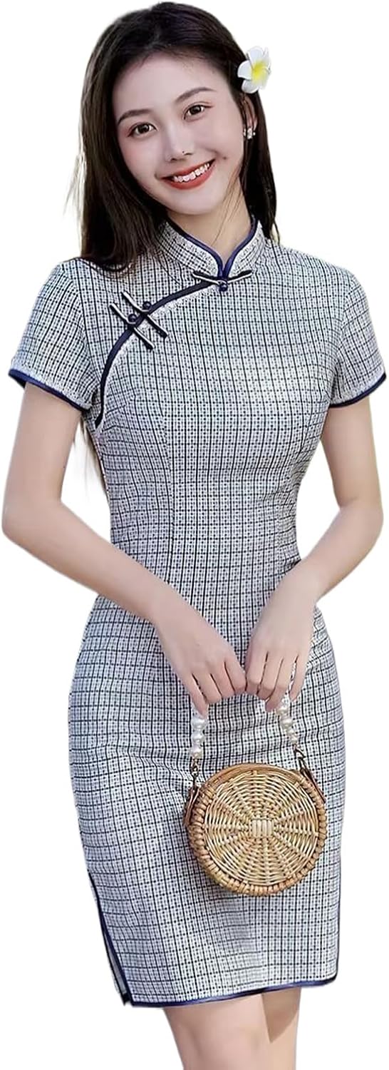 中国風のチェック柄チャイナドレス女性夏痩身デイリー袍ドレス