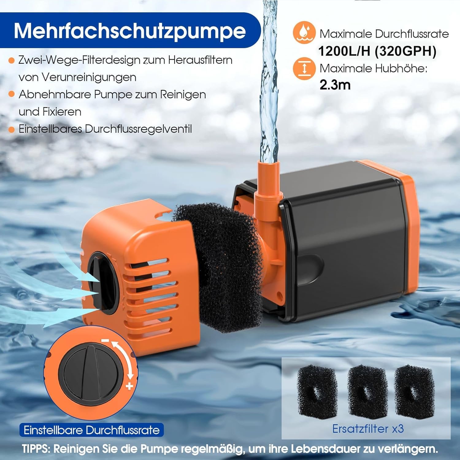 Biling 25W Solarbrunnen für Draussen mit 4 Düsen | 1200L/H Durchfluss, Für Gartenteiche 5-12㎡, Durchflussregelung, Leise Teichpumpe, Für Fischteiche Wasserfälle Pool Belüftung