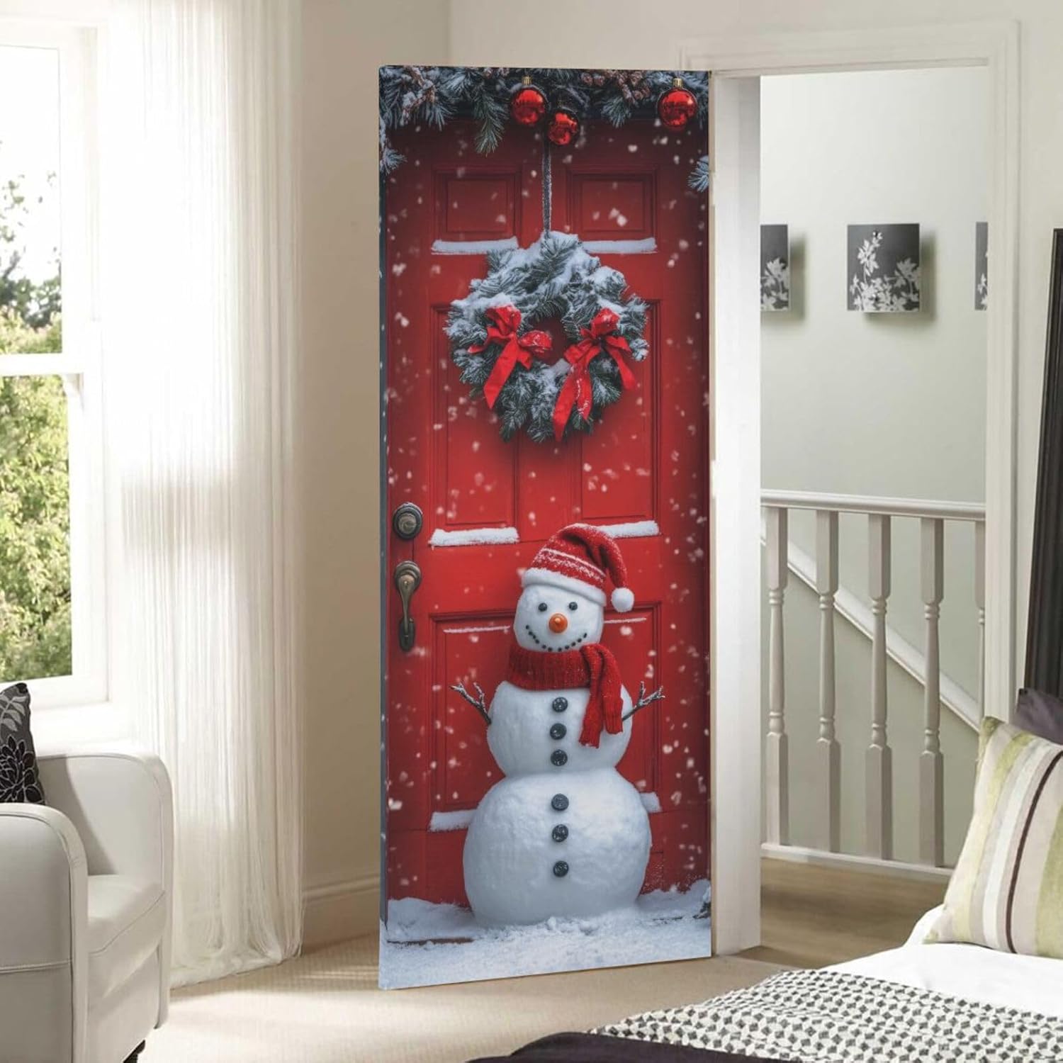 Burbuja Christmas Snowman Door Cover, Stretch Fabric Backdrop Porch Covers for Home Party Holidays Decoration, 35x79 In