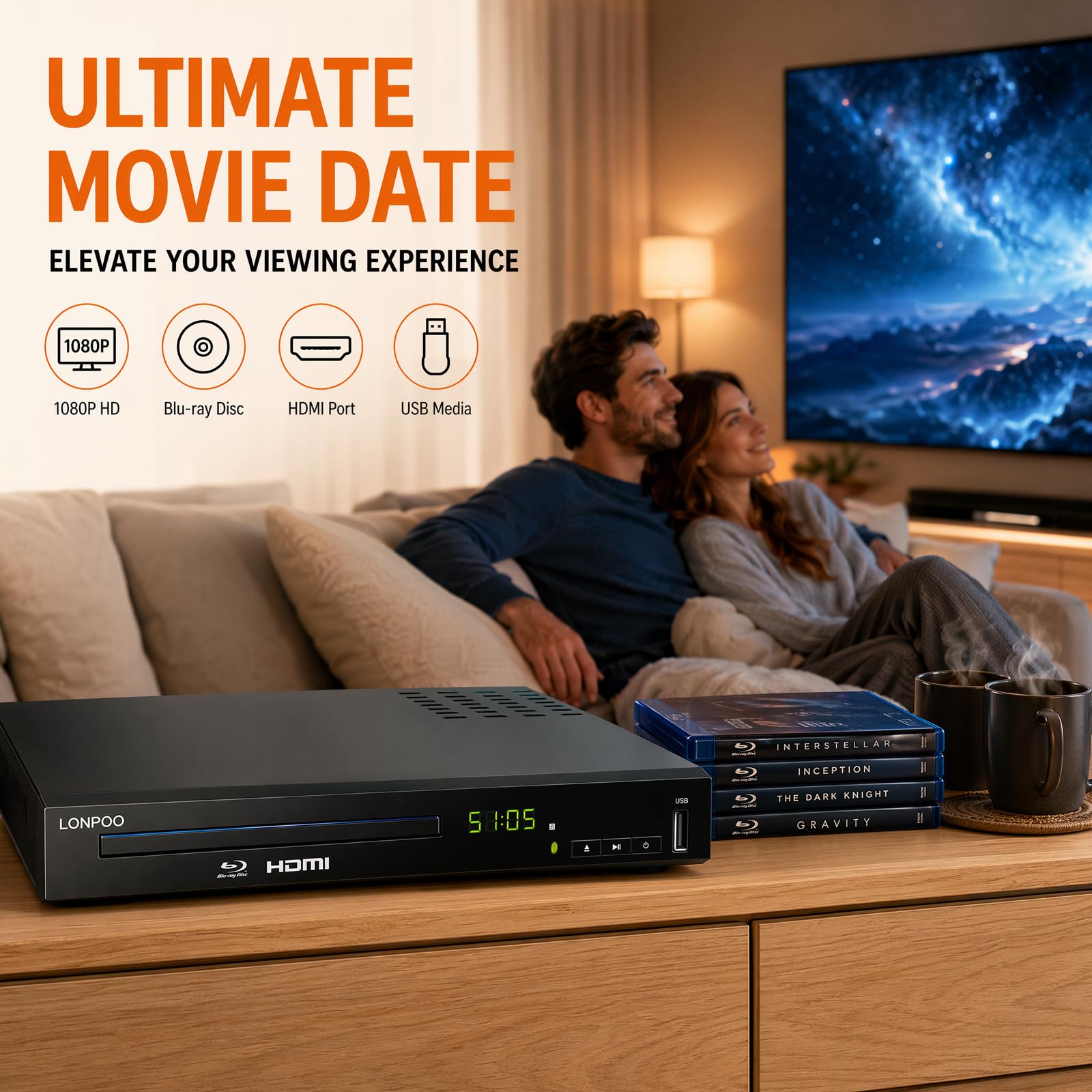 Reproductor de BLU-Ray DVD Disc para TV, Salida HDMI/AV/Coxical | Entrada USB,Full HD 1080P, Region 1~6 Standard DVDs y Region B/2 Blu-Ray, Carcasa Metálica, Cable HDMI &AV Incluido