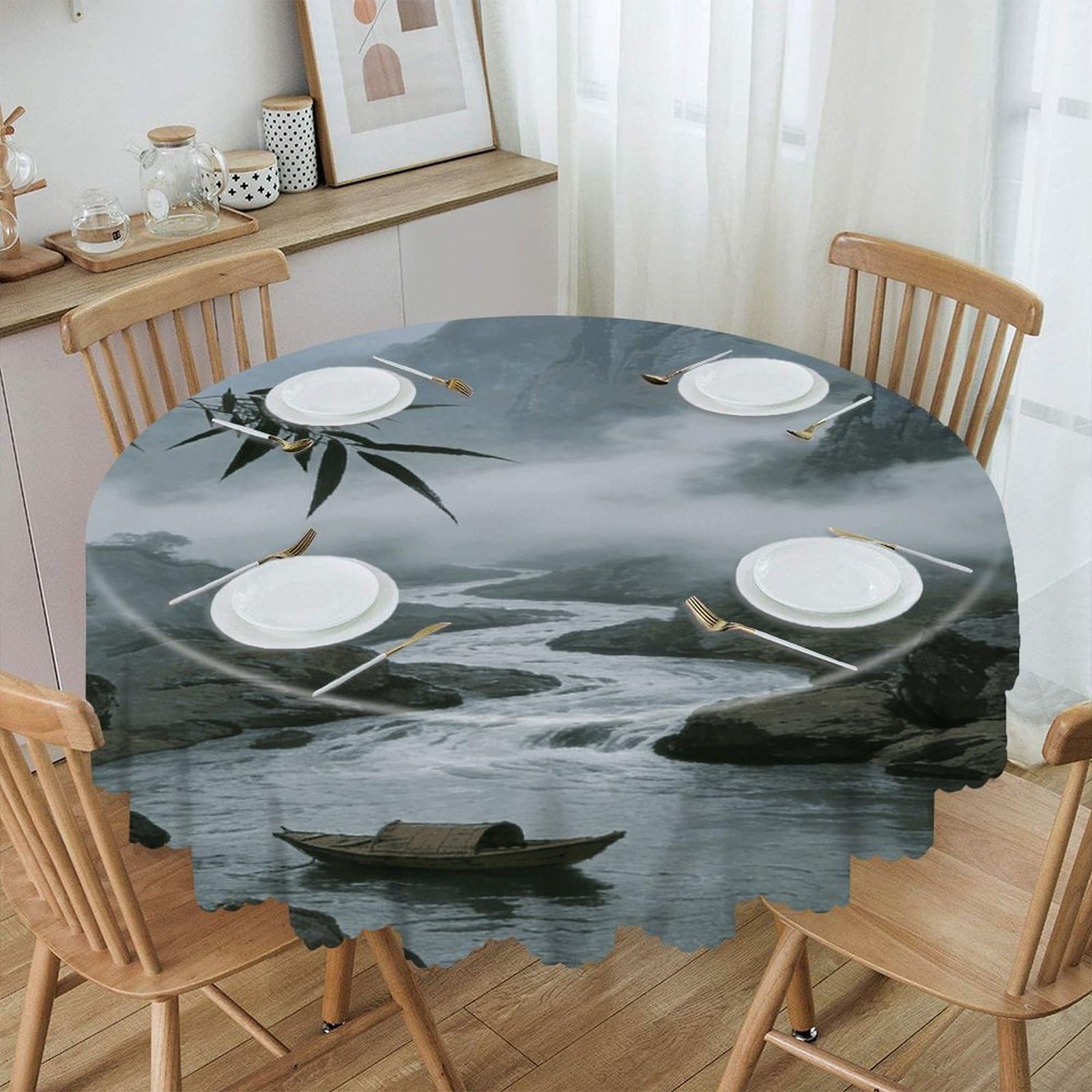 FekiLoot Rainy and Misty Return of The Boat Round Tablecloths 60 Inch Resistant Washable Polyester Table Cloth Style Decorative Circle Fabric Table Cover for Dining Kitchen Party Farmhouse Outdoor