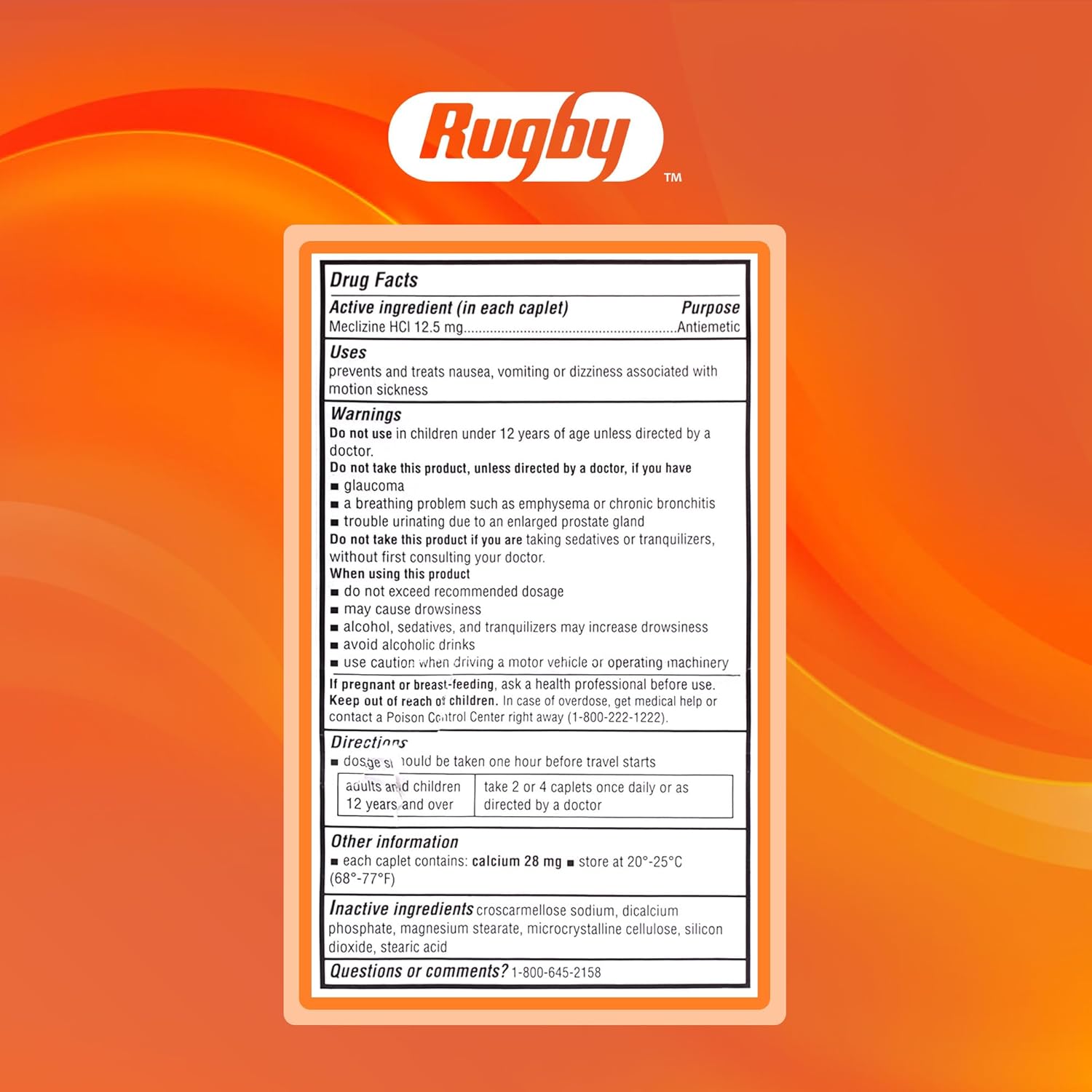 Rugby Meclizine 12.5 mg Antiemetic Caplets for Symptoms Related to Motion Sickness– Travel and Cruise Essentials, 1000 Caplets