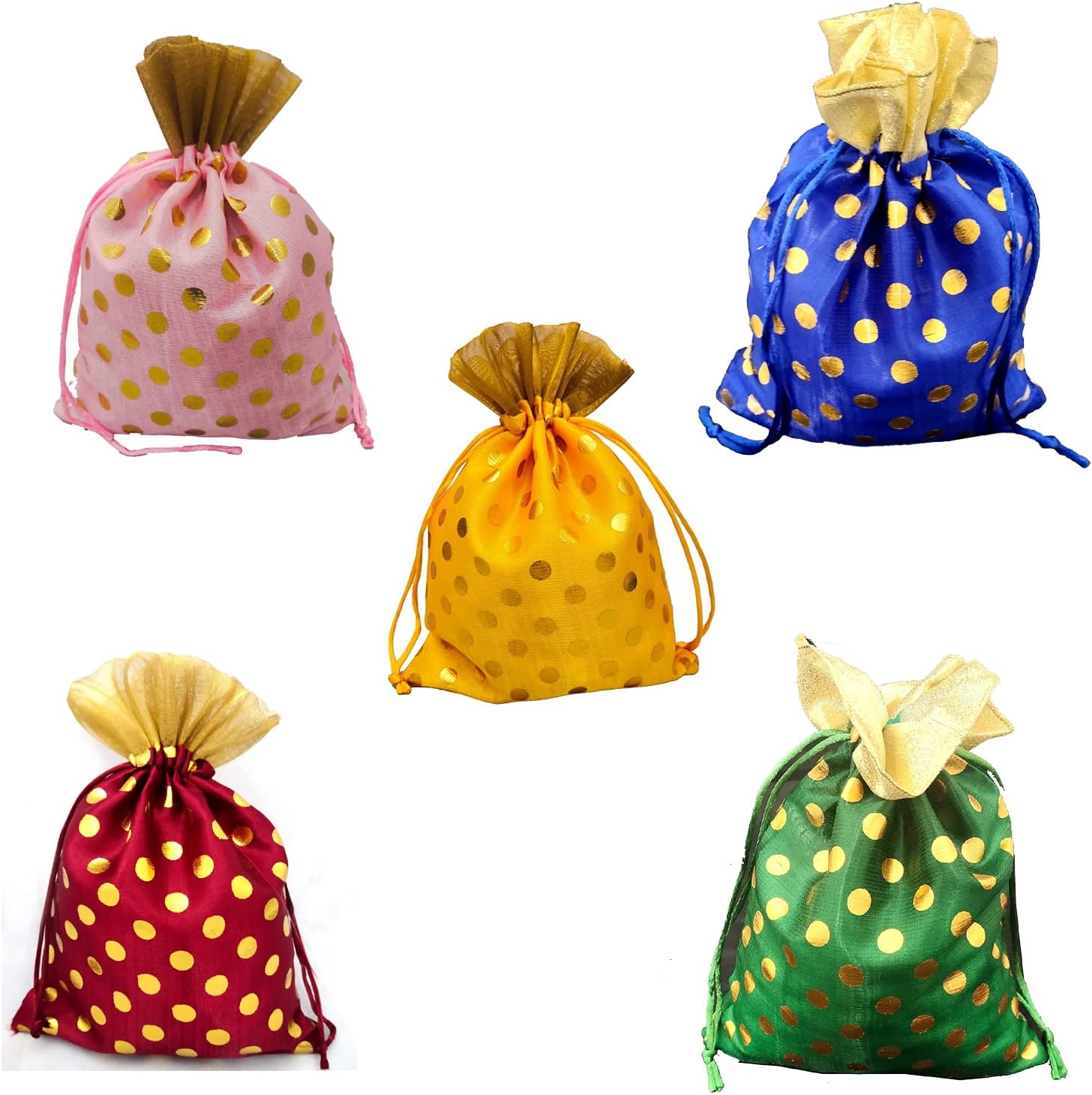 3A Featuretail 18CM X 25CM Large Polka Dot Drawstring Bags Pouches Potli for Gift Wedding Jewelry Packaging Bridal Party Favors for Women (25pc Set, 5 Color - Pink,Yellow,Maroon,Green,Blue)