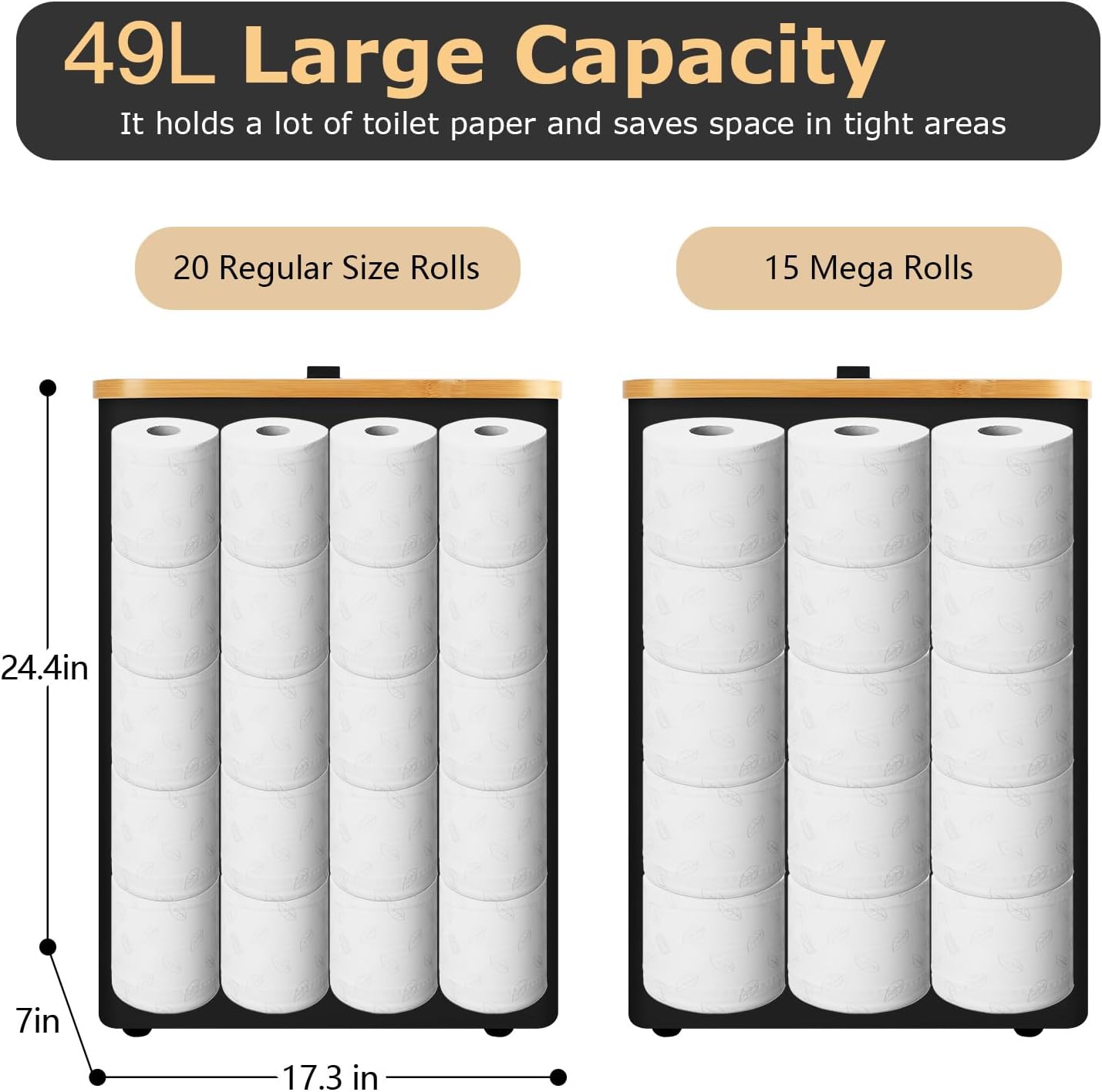 Extra Large Toilet Paper Storage Basket with Lid 49L Slim Toilet Paper Basket Holder Bin Container Organizer for Bathroom Hold up to 20 Regular Rolls or 15 Mega Rolls