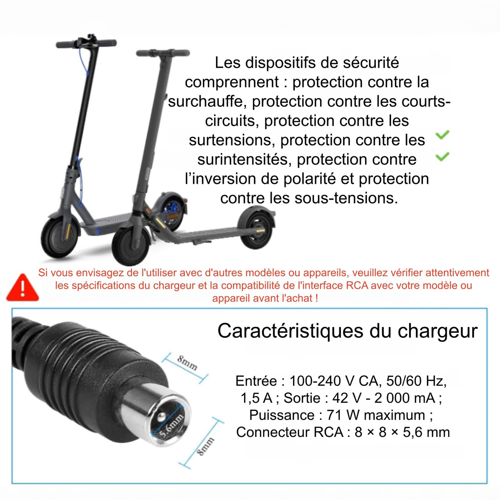 Chargeur trotinette Norme européenne 42V 2A équipée de 6 connecteurs différents, adaptée à Divers modèles de Scooters