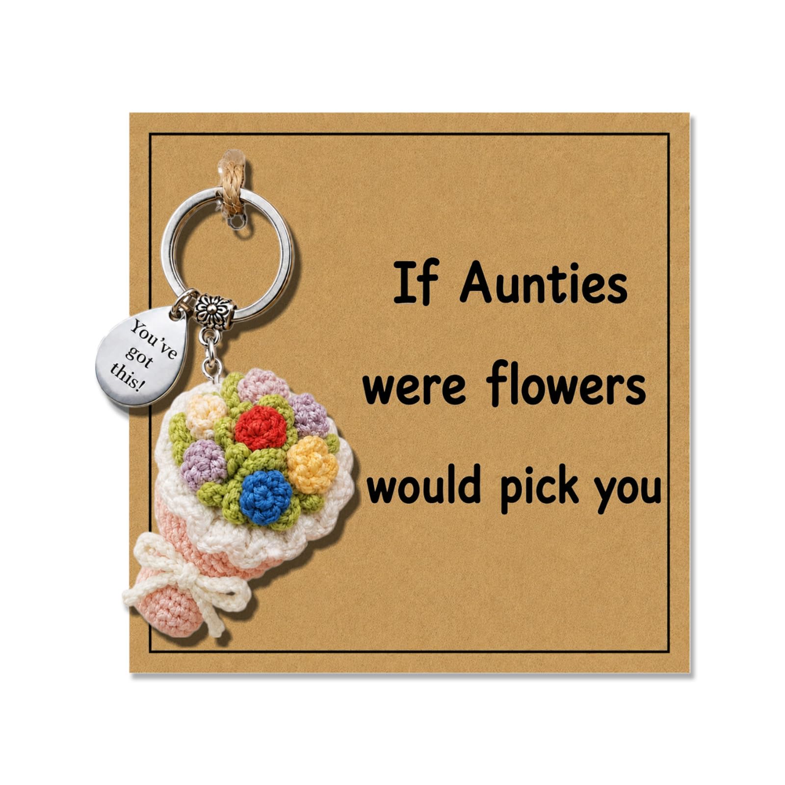 AIKOBAA Crochet Keychain – Handmade Flower Bouquet Charm with ‘You’ve Got This!’ Tag, Auntie Gift Card ‘If Aunties Were Flowers’