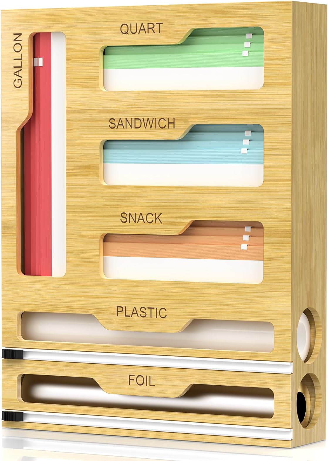 6 in 1 Storage Bag Organizer for Kitchen Drawer, Bamboo Foil and Plastic Wrap Dispenser With Cutter, Food Baggie for Drawer, Plastic Bag for Gallon, Quart, Sandwich, Snack