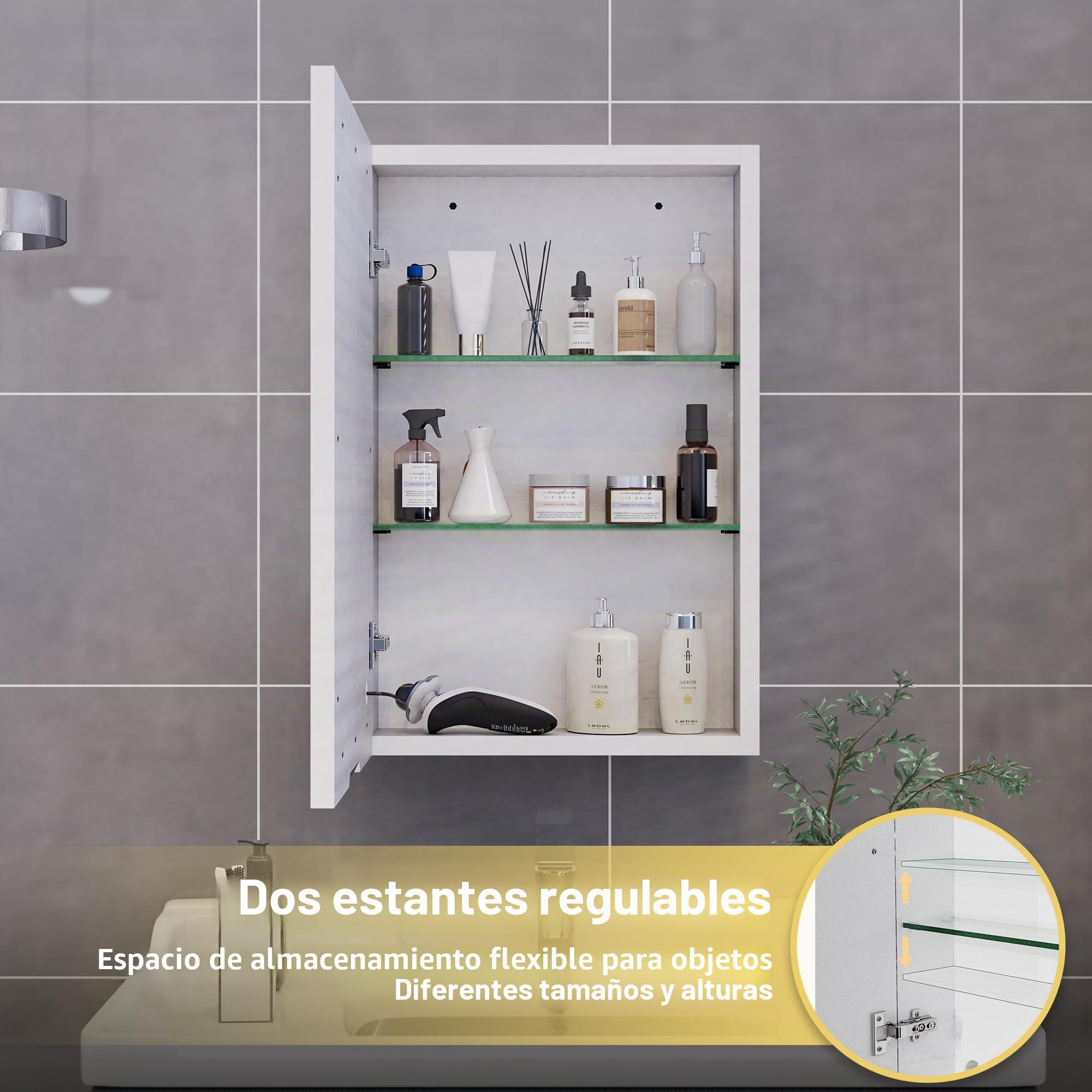 Armario de baño con espejo y LED Iluminación de puerta simple 50 cm, armario de baño espejo de baño tres tipos de luz regulable estantería, ajustable (blanco, 50 × 13 × 70 cm)