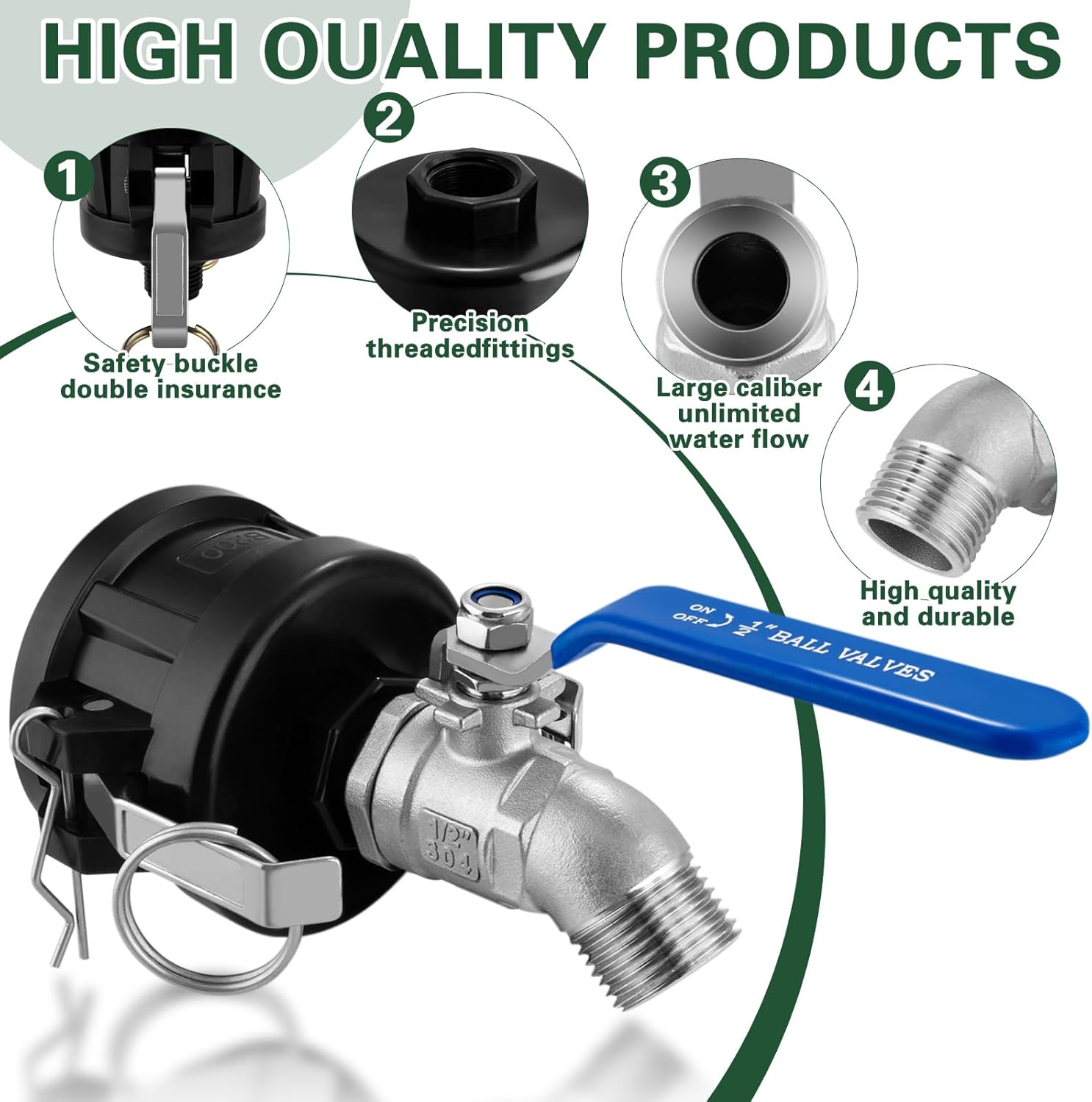 IBC Tote Hose Adapter, 2" Cam Lock for 275-330 Gallon IBC Tote Tank with 2packs Groove Fittings, IBC Tote Garden Hose Adapter with 304 Stainless Steel Hose Faucet (1/2'' Male Inlet ×3/4" Male)