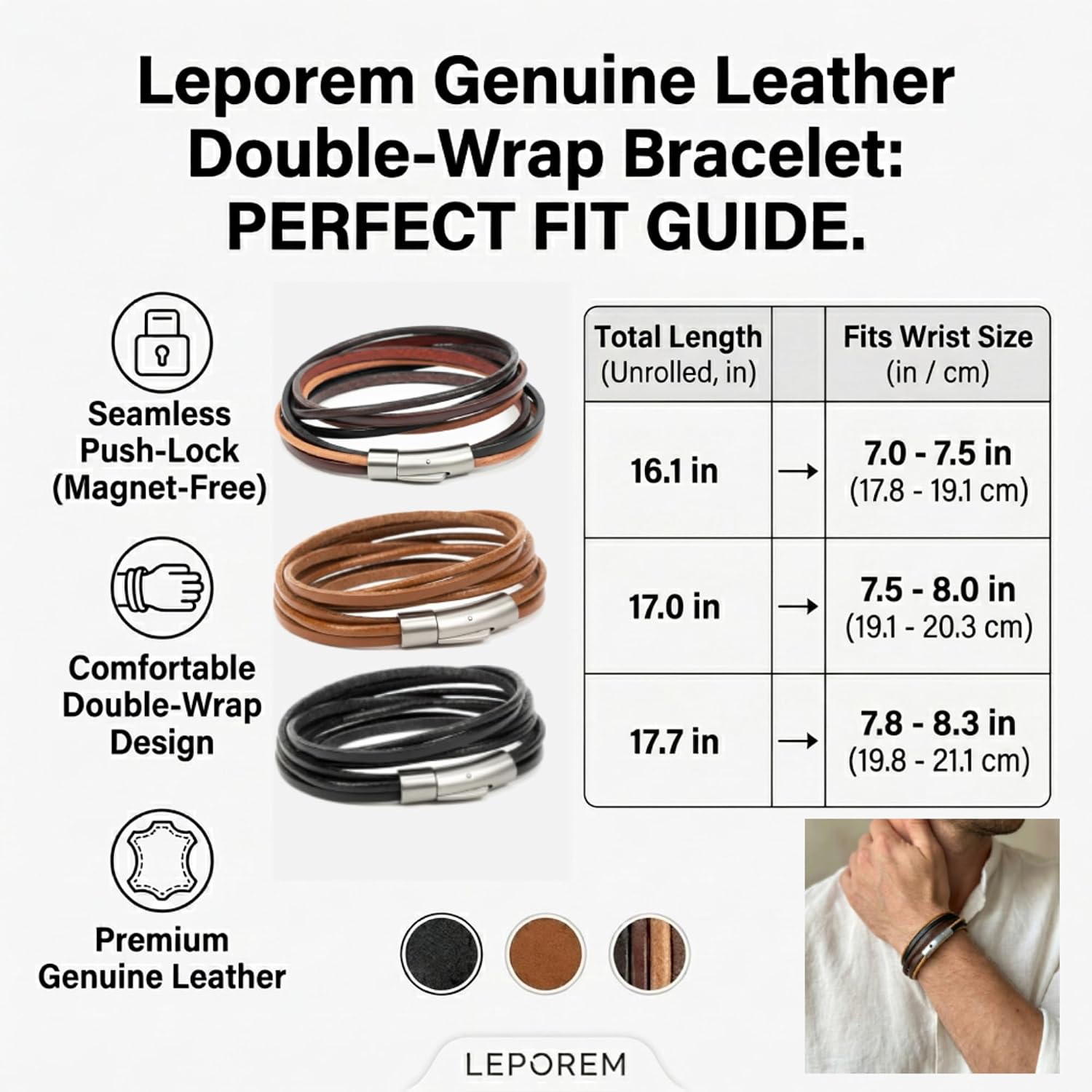Leporem Multilayer Mixed Leather Cord Wristband Premium Stainless Steel Clasp Everyday Minimalist Jewelry