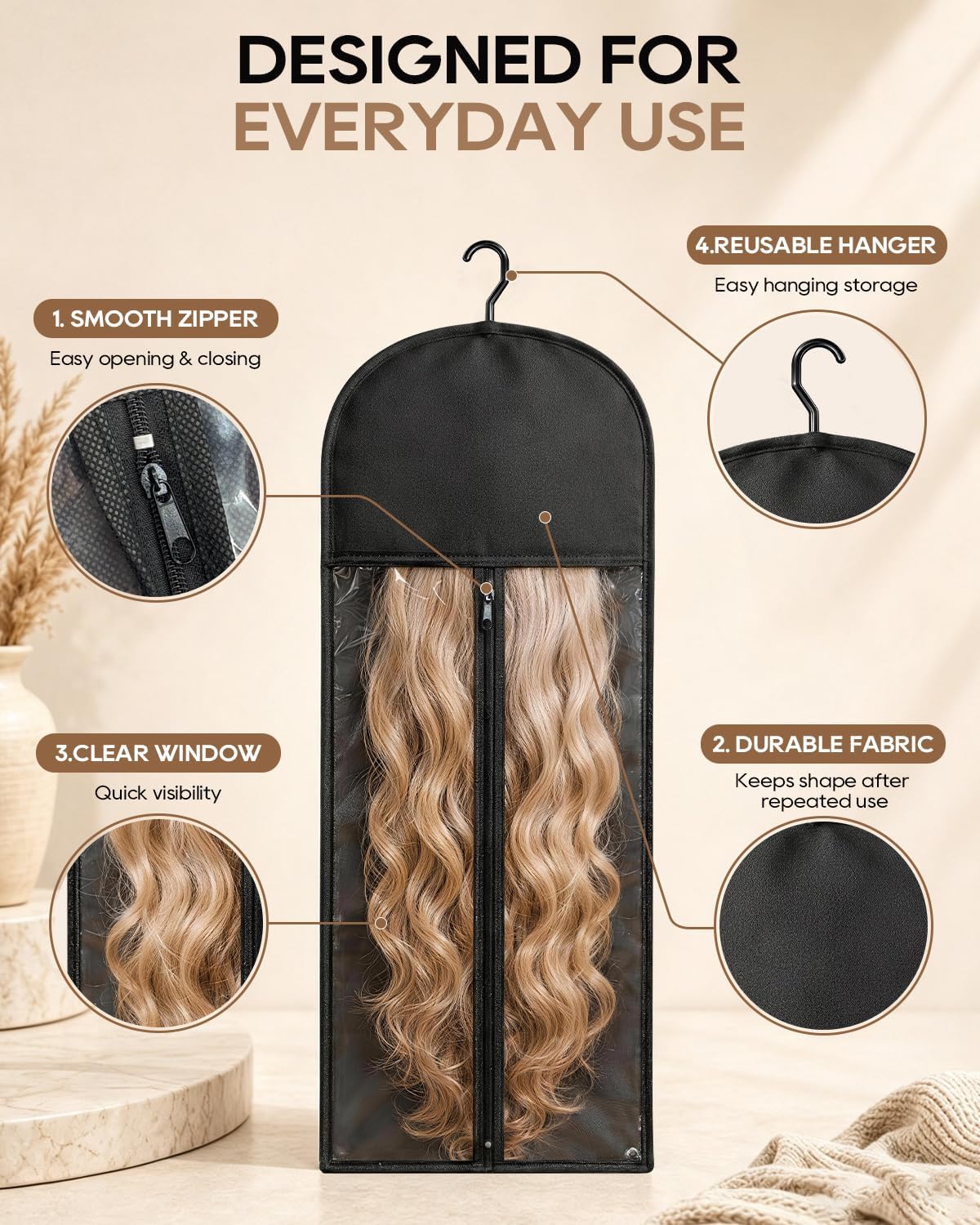 14-Piece Wig Storage Bags with Hangers, Black, 4 Large and 10 Small