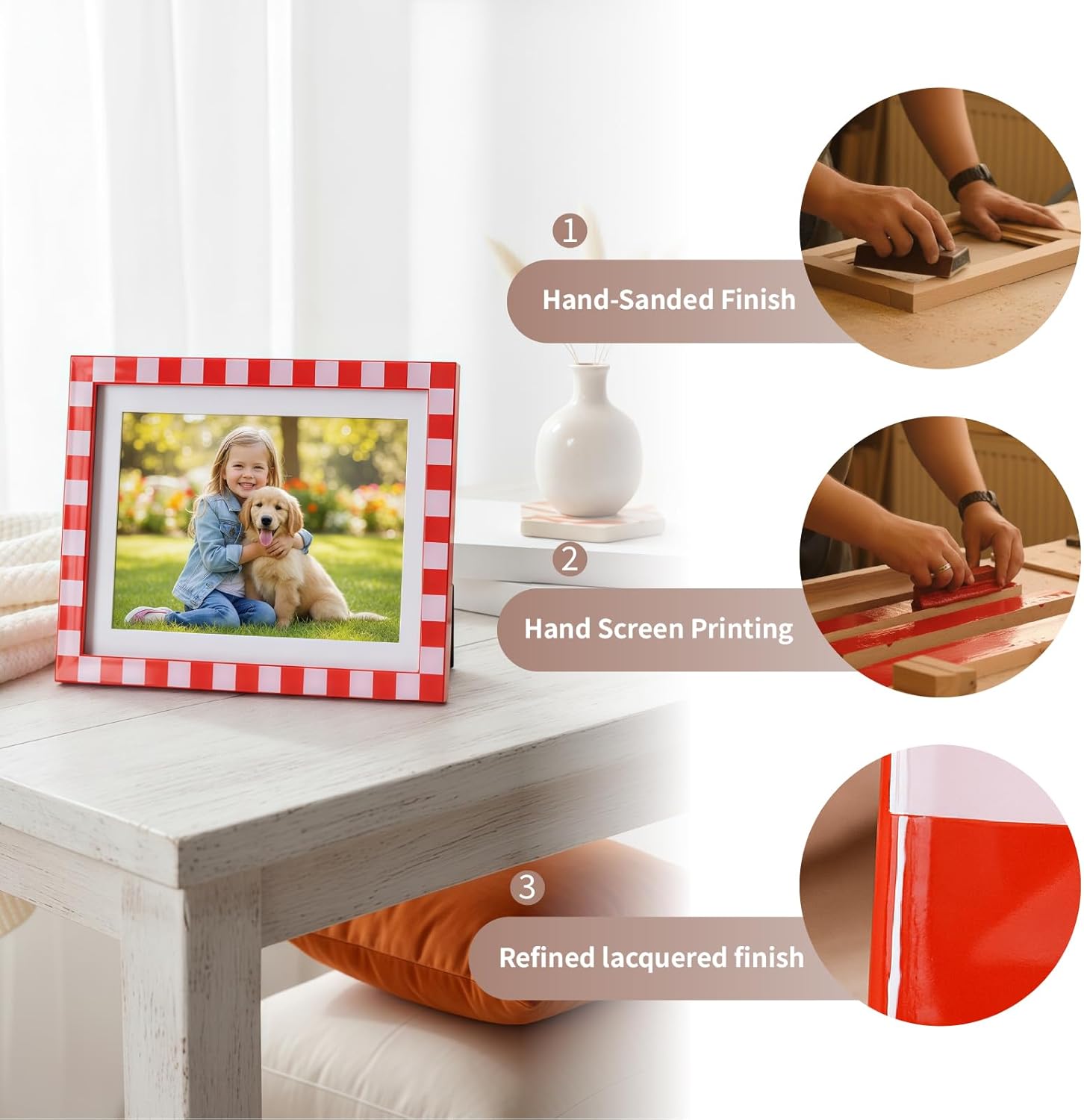 Furnivio 5x7 Picture Frame, Checker Pattern Wooden Picture Frames for Wall, Colorful Family Picture Frame for Tabletop Display Gift, Friends, Birthday, Wedding, Home Decoration(Red and Pink)