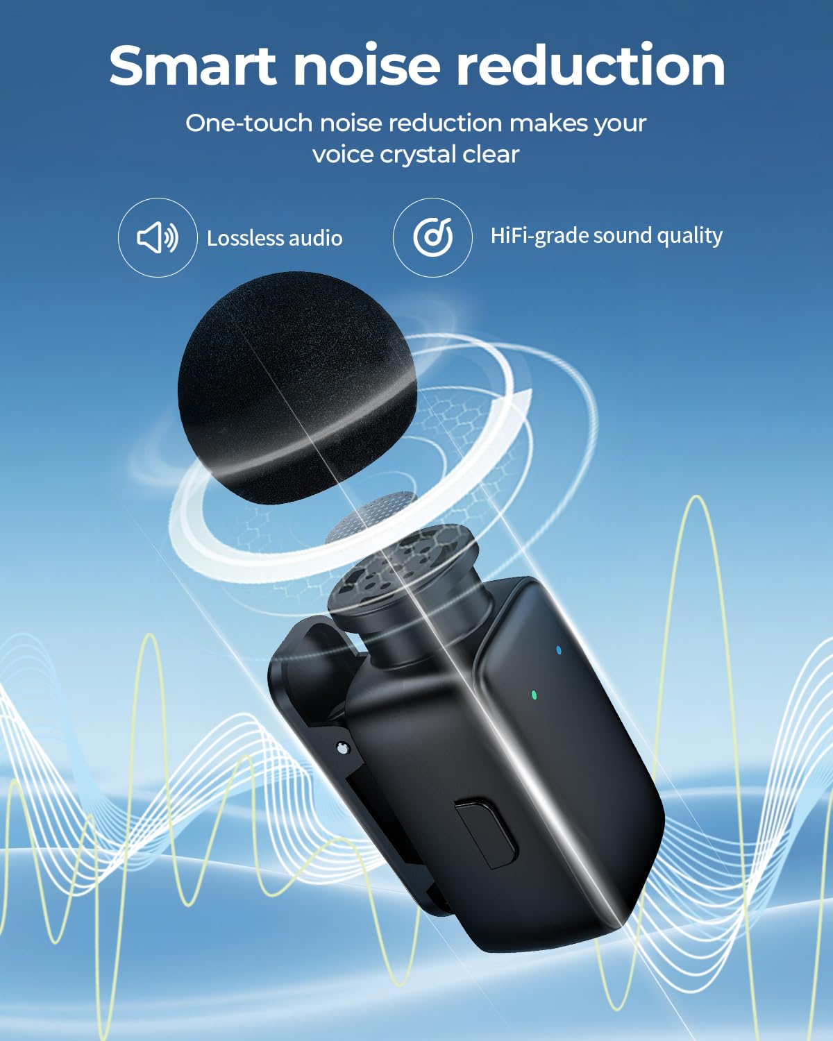 Mini Microfono Lavalier wireless per iPhone e Android, microfono a clip con cancellazione/Voice change per registrazione video,Tiktok, Youtube, Vlogging,Trasmissioni dal Vivo,Interviste