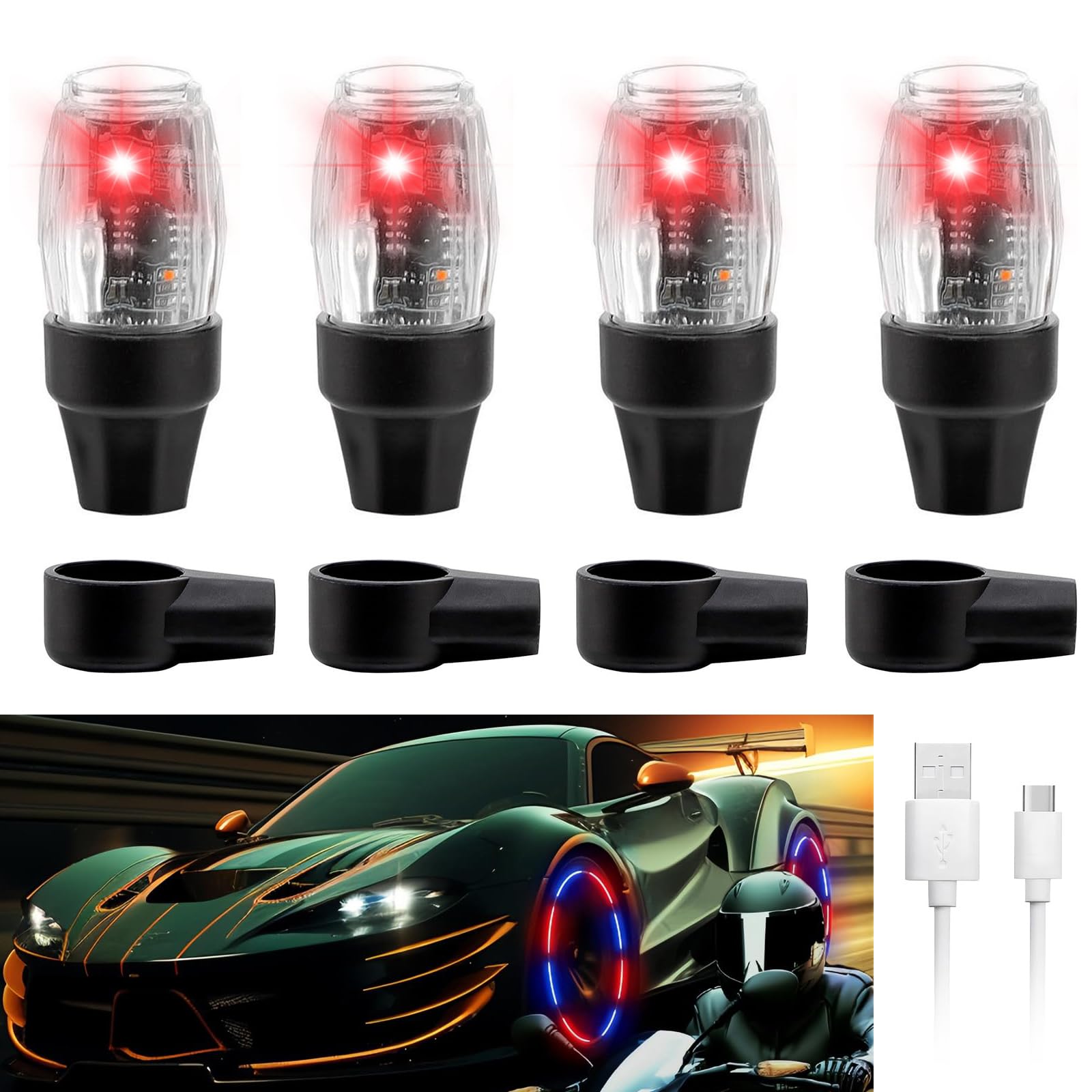 4 PCS Tire Valve Light Colorful LED Car Wheel Lights Waterproof Flash Lantern Tire Valve Stem Cap Lamp Automotive Decoration Accessories for SUV Truck Motorcycle Bike Bicycle (4 Red)
