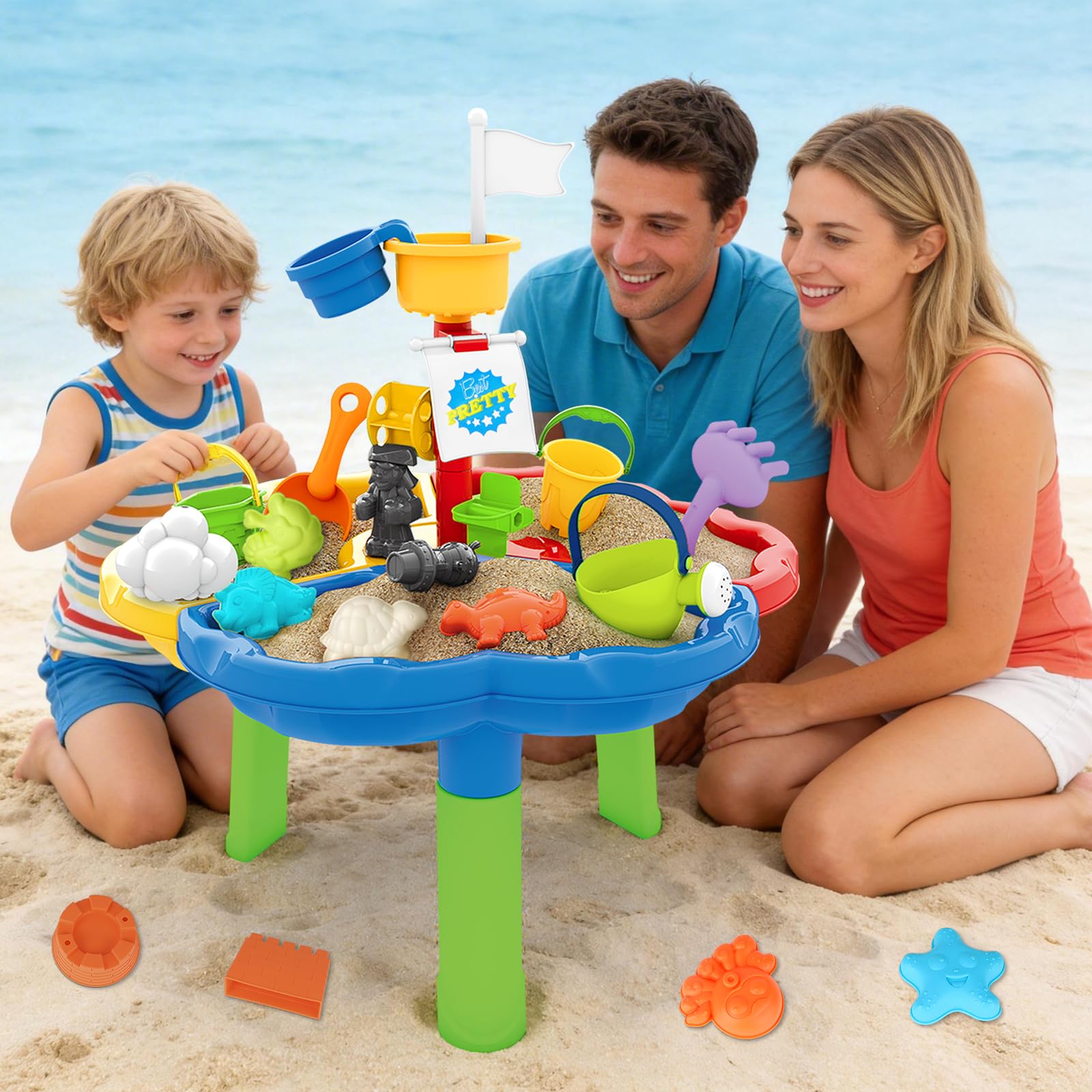 deAO Mesa de Agua y Arena Mesita Infantil para Juegos y Actividades Infantiles al Exterior Incluye Accesorios y Moldes con Diseño Multicolor