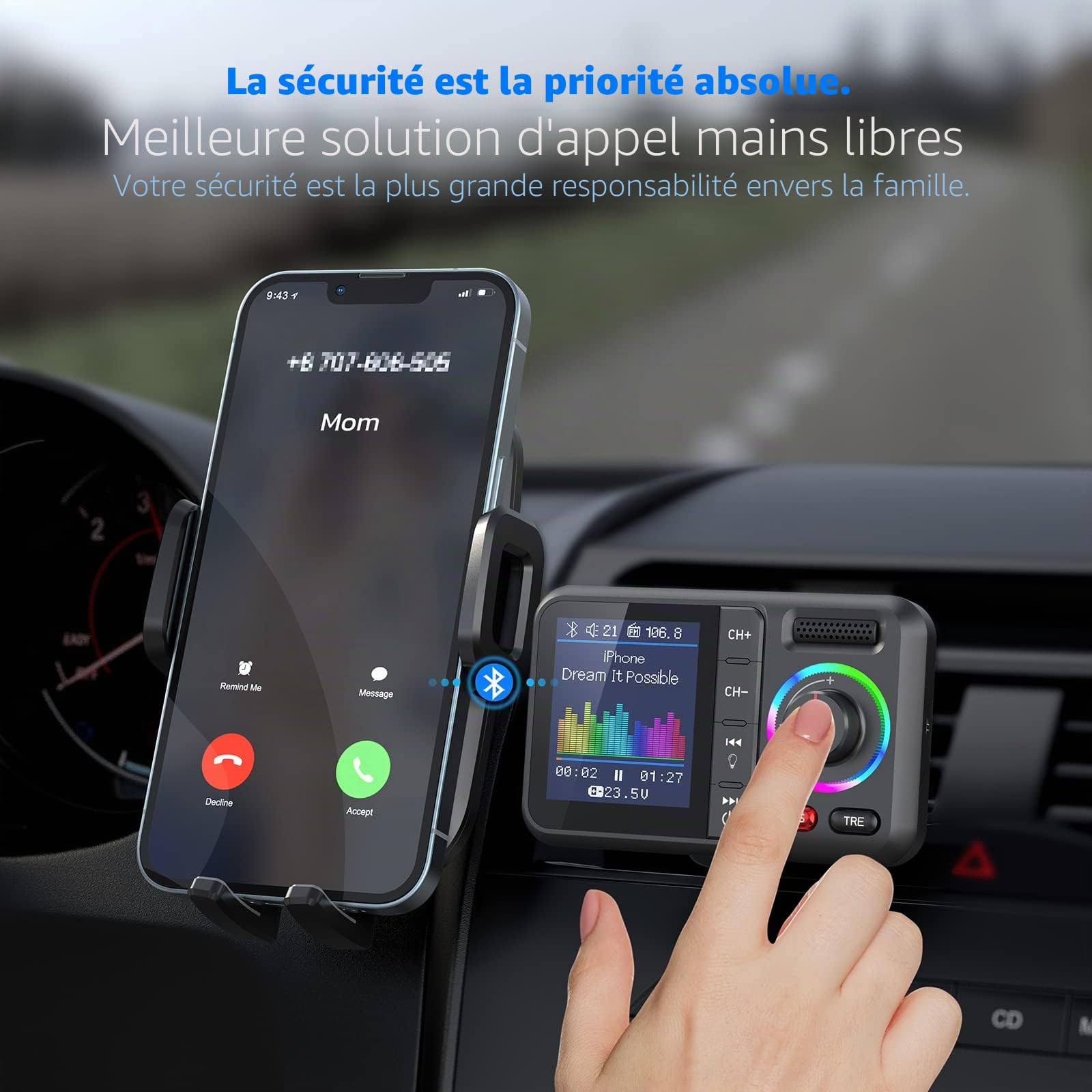Nulaxy Transmetteur FM Bluetooth pour Voiture, BT5.0 avec Grand écran Couleur, Prise en Charge des Appels Mains Libres, Siri&Google, Lecteur de Musique MP3 Bass&TRE Booster, Carte TF/AUX-KM28 Vert