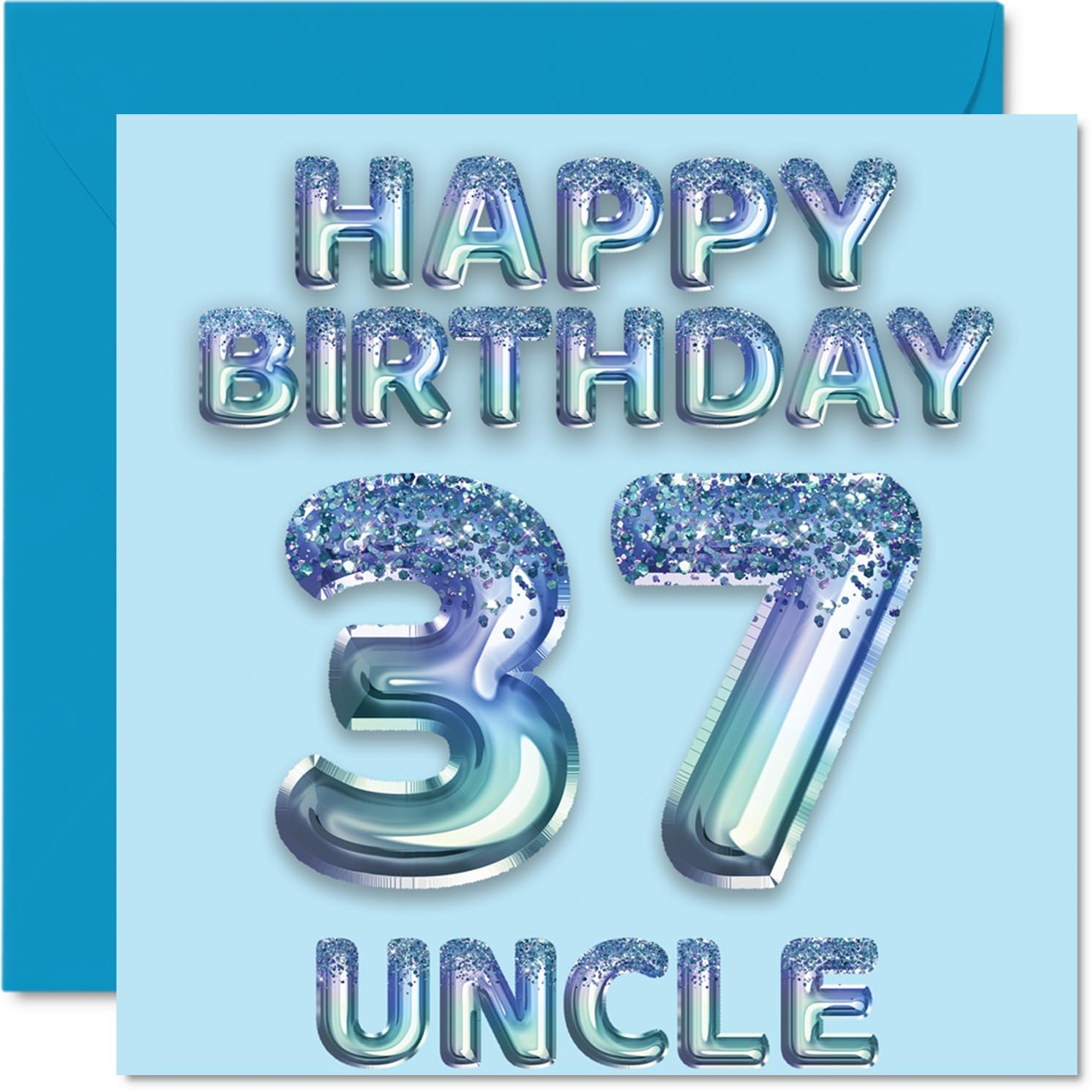 37th Birthday Card for Uncle - Blue Glitter Party Balloons - Happy Birthday Cards for 37 Year Old Uncle from Nephew Niece, 145mm Bday Greeting Cards Gift