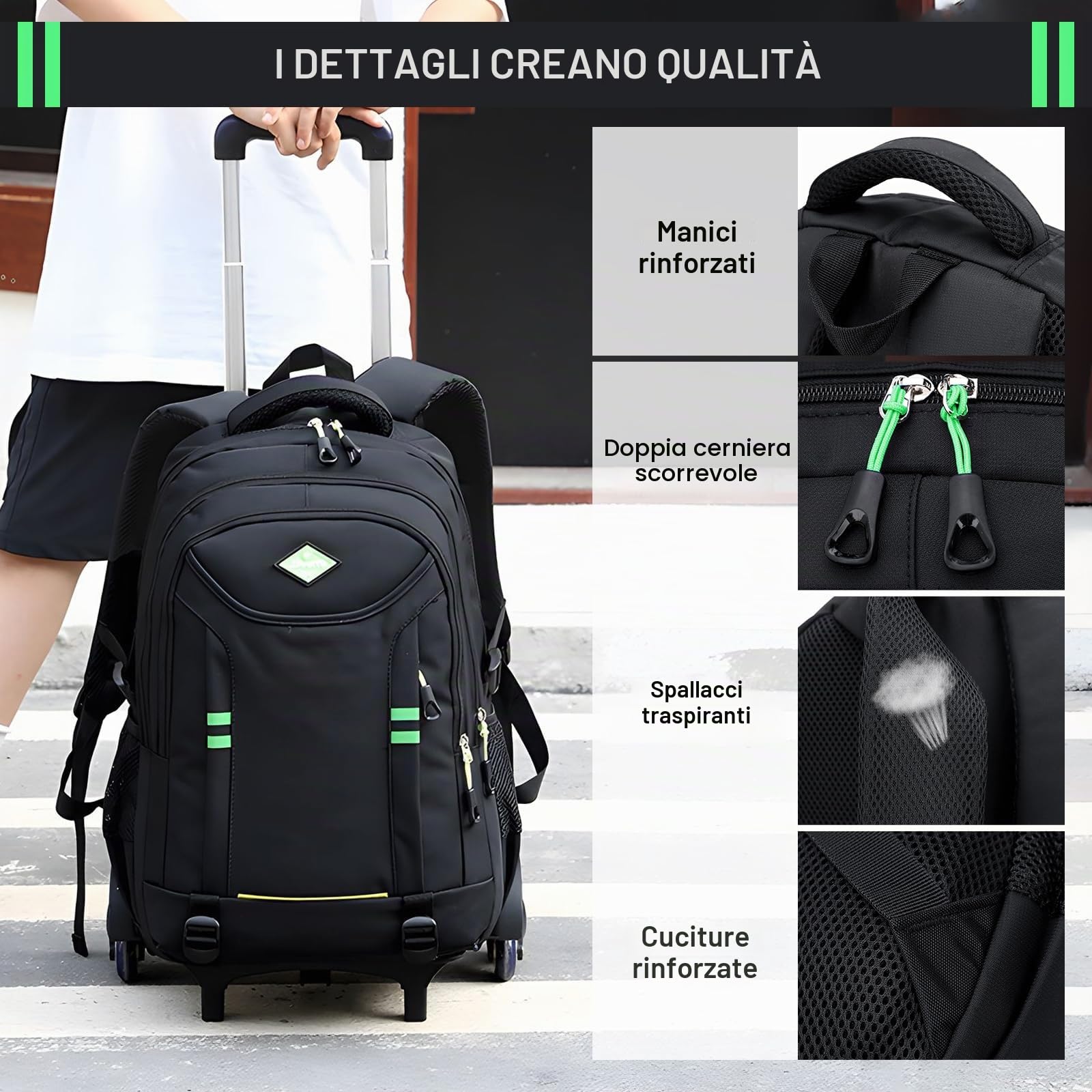 Amythe Zaino Scuola Trolley per Bambini Ragazzi, Zainetto con Carrello e Maniglia Telescopica per Viaggi, 6 Ruote, Zaini per Elementare e Medie per Adolescenti di 9-16 anni, Nero