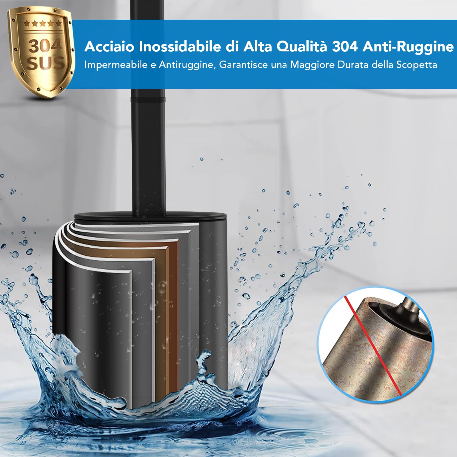 HOMEASY Scopino WC con Supporto in Acciaio Inox, Spazzolino WC ad Asciugatura Rapida con Base Rimovibile, Appoggiata a Terra o Fissata al Muro, Viene Fornito con 2 Adesivi Murali - Nero