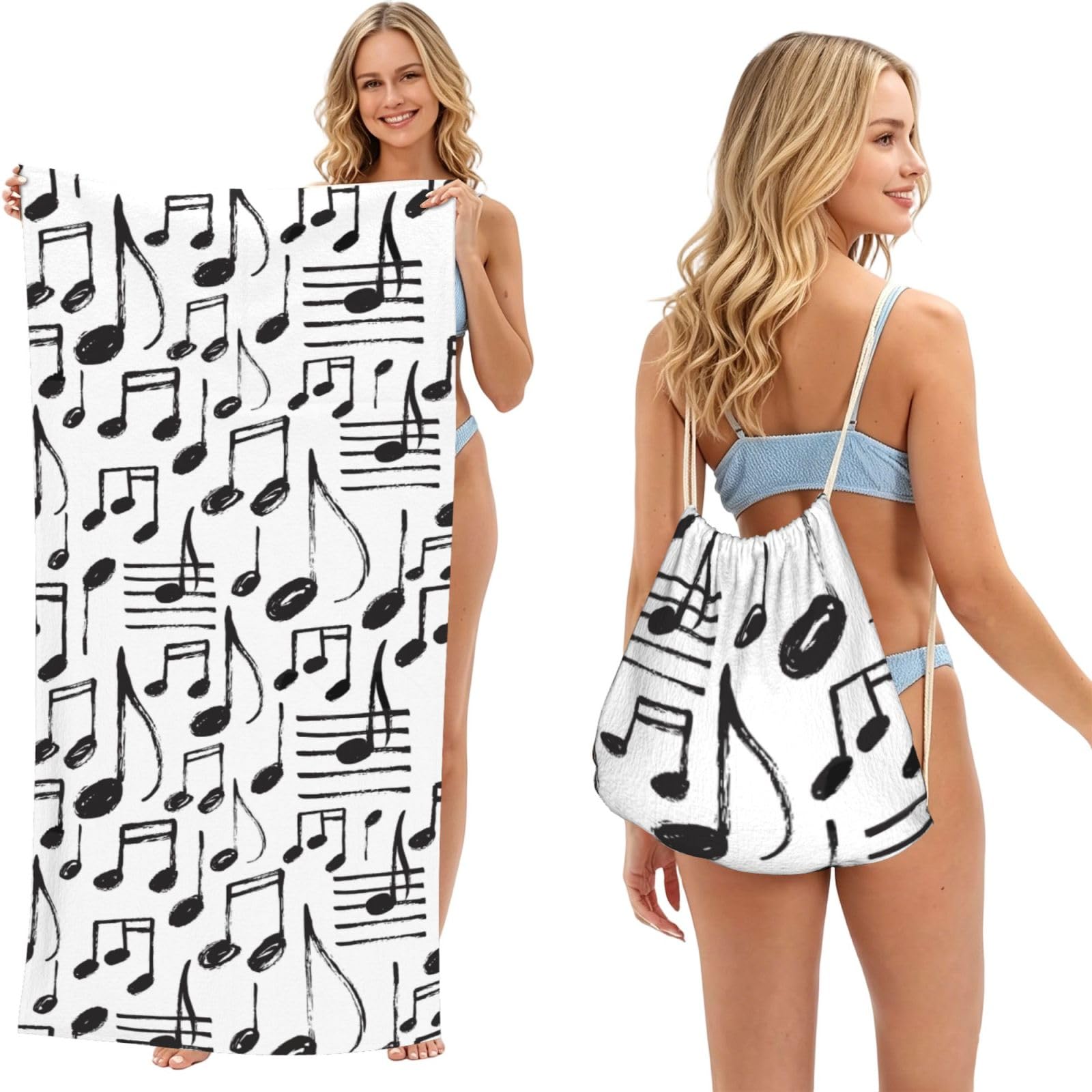 Poadnly As Picture Hand Sketch Musical Notes, 2 In 1 Packable Towel Bag, Beach Towels With Drawstring Backpack For Travel Holiday Camping