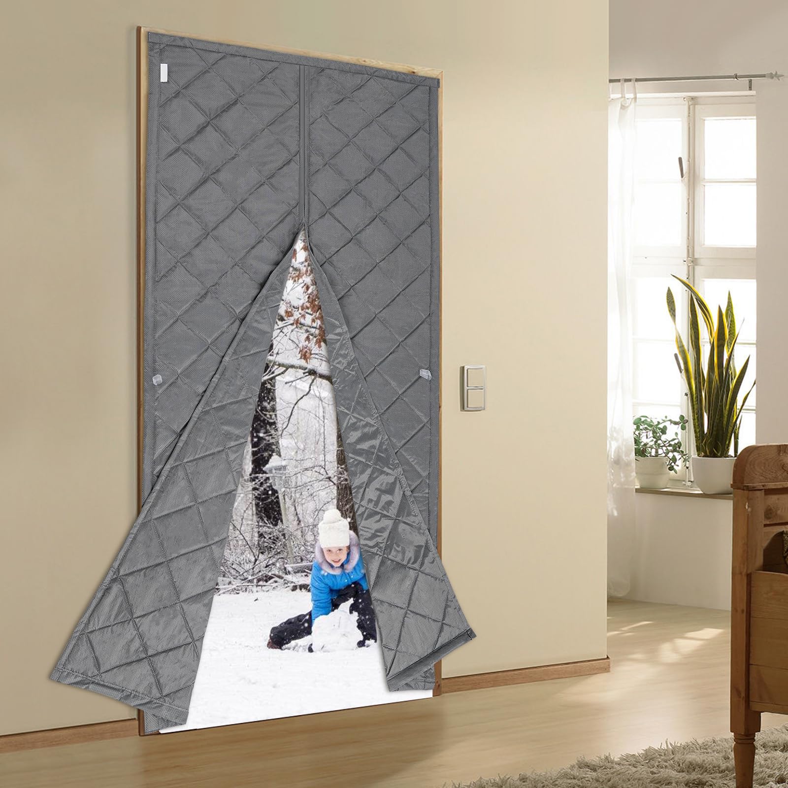 Rideau de porte isolant, 210 x 100 cm, rideau de porte, magnétique, avec crochets, gris insonorisant, intimité, rideau de porte
