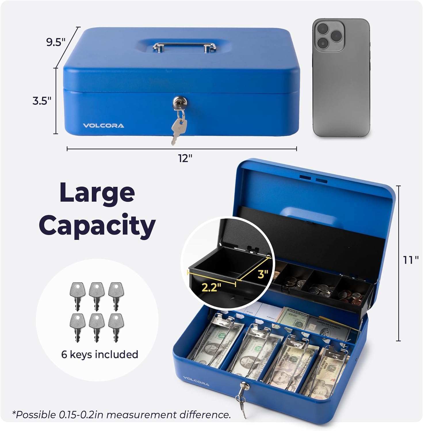 Volcora Large Cash Box with Key Lock, Metal Money Box for Cash, Portable Locking Safe Box with Money Tray, Durable Money Saving Organizer for Yard Sale, Garage Sale, Small Business, Blue image 3