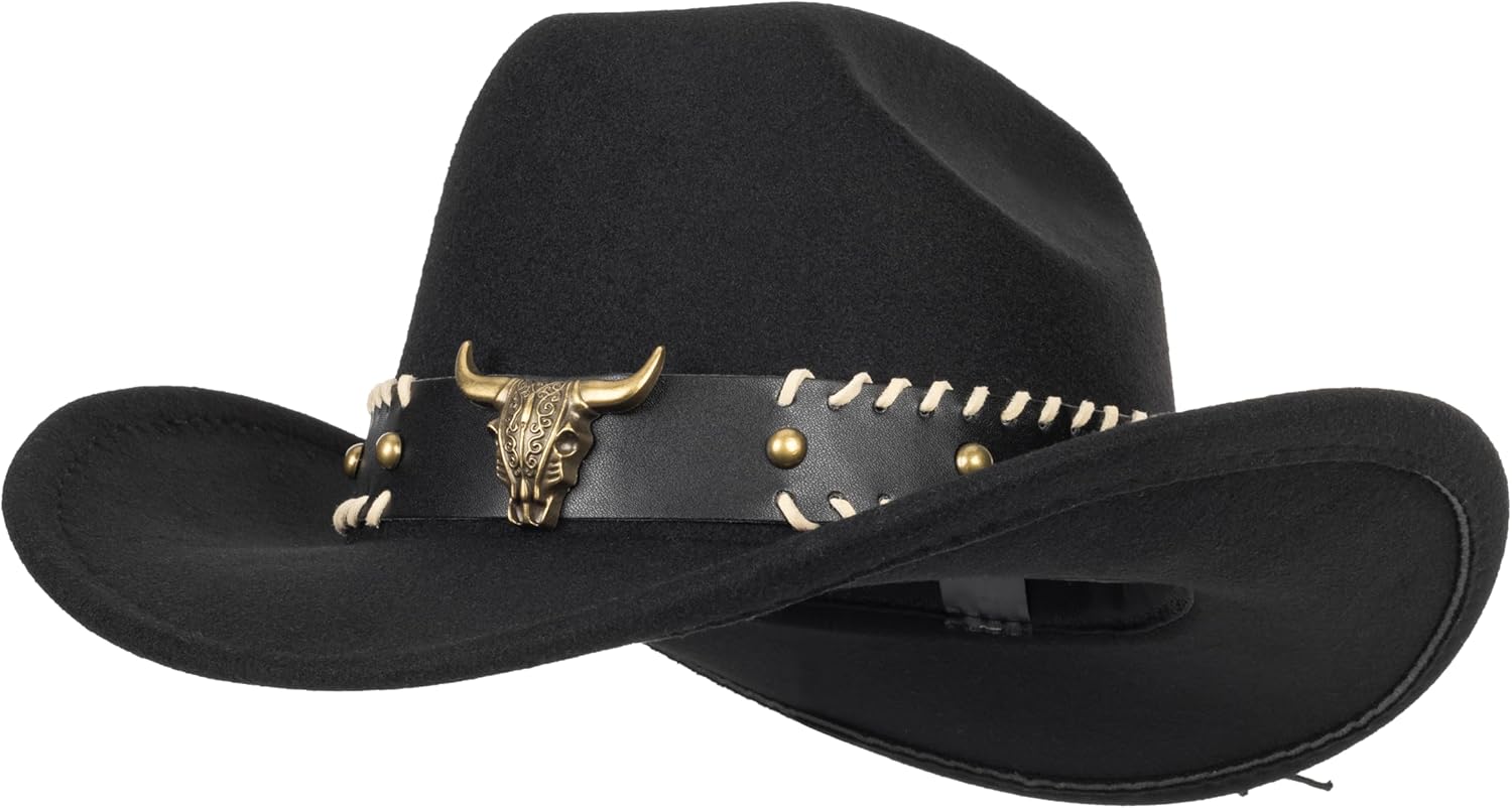 Wide Brim Men and Women's Western Cowboy Hat Fedora-Jazz-Hat with Bull Head Band Decoration - Image 2