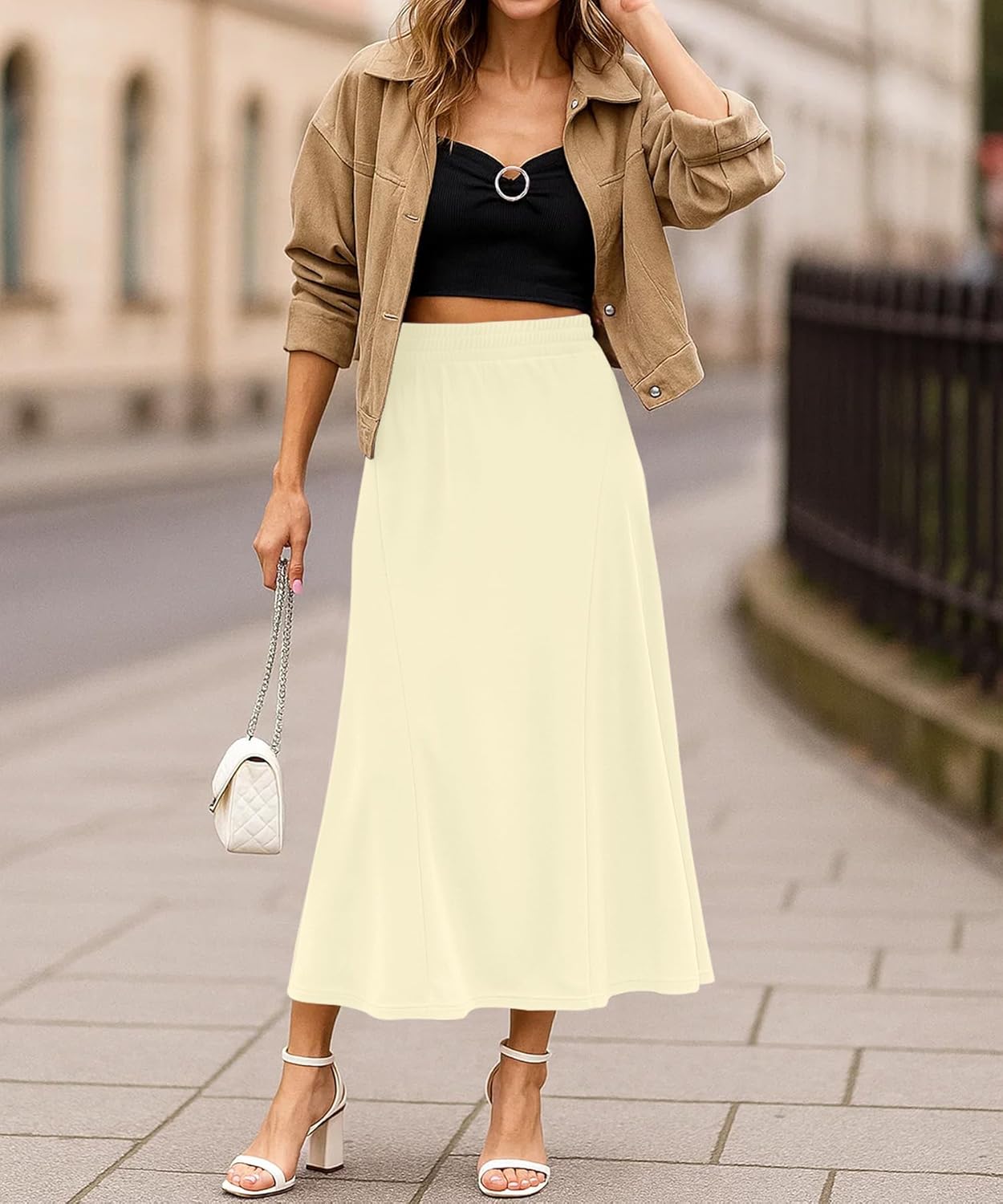 NILOUFO Women Trendy Maxi Skirts Casual High Waisted Elastic A-Line Long Skirt with Pockets - Image 3