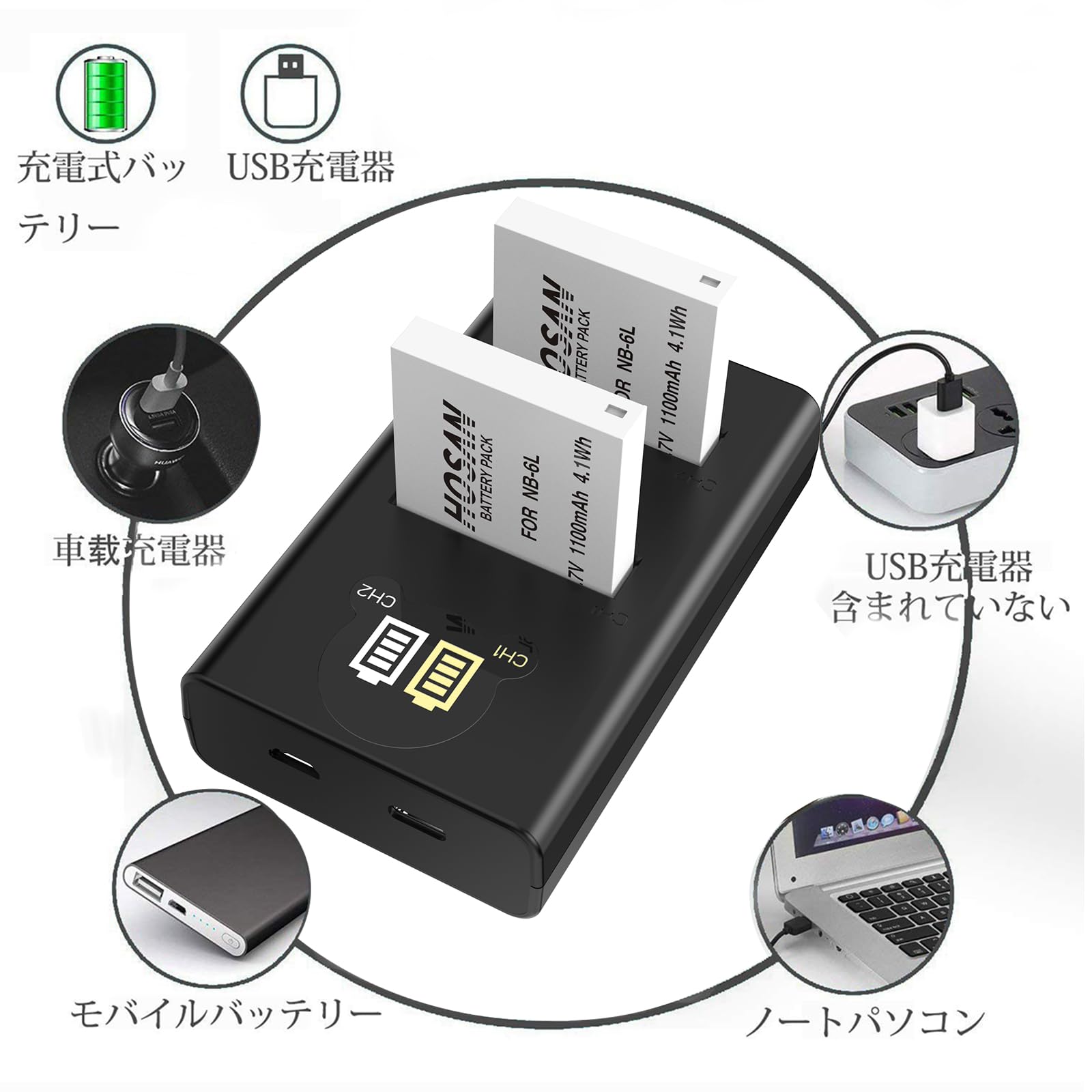 Amazon | HOSAN NB-6L 純正互換 バッテリー 2個 + USB 急速充電器 対応 