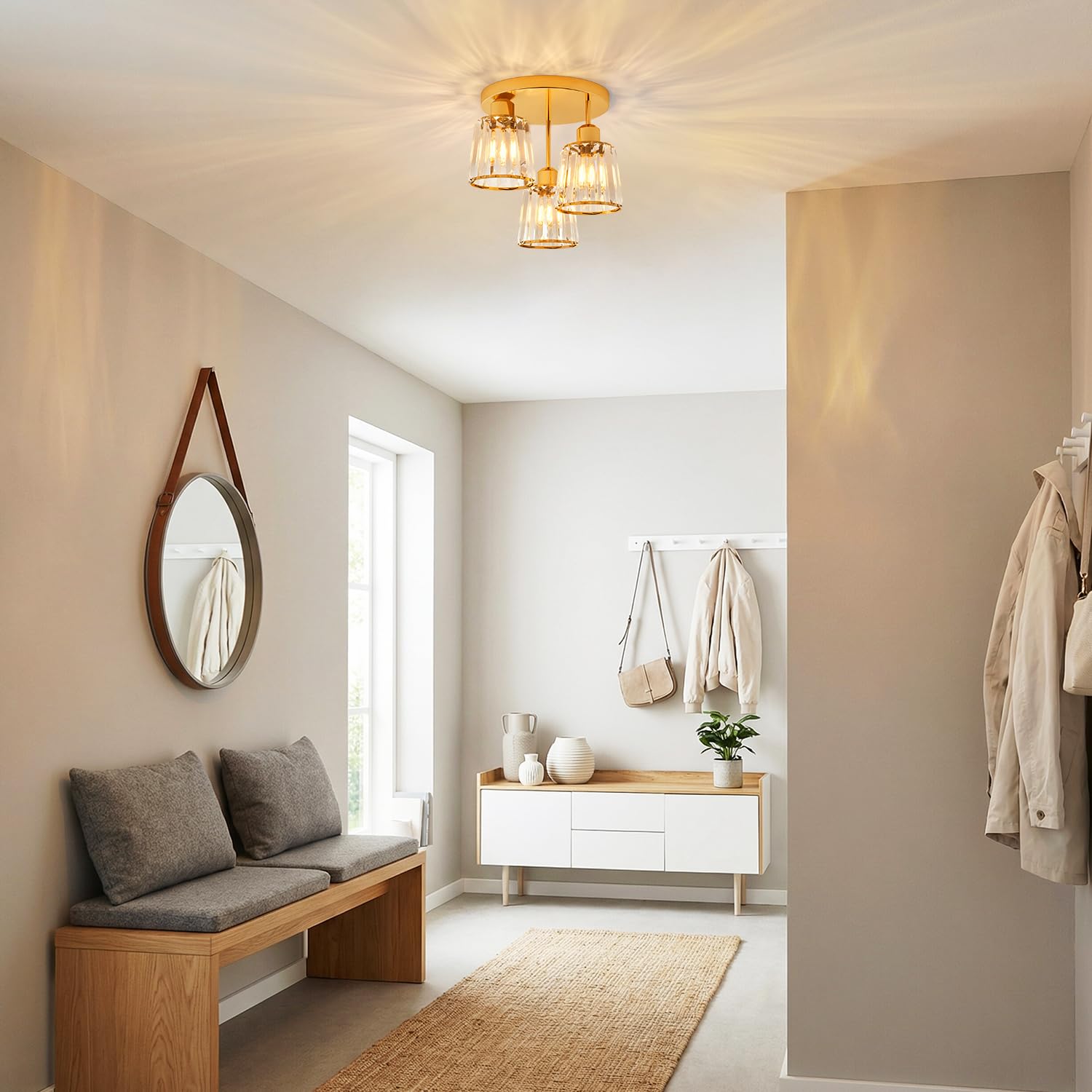 ANWIO Lampadario Soffitto Cristallo Oro, Plafoniere da Soffitto Moderno 3 Luci, Plafoniera Soggiorno E27, Lampadario in Cristallo con 3 Paralume in Vetro Per Camere da Letto (Senza Lampadine)
