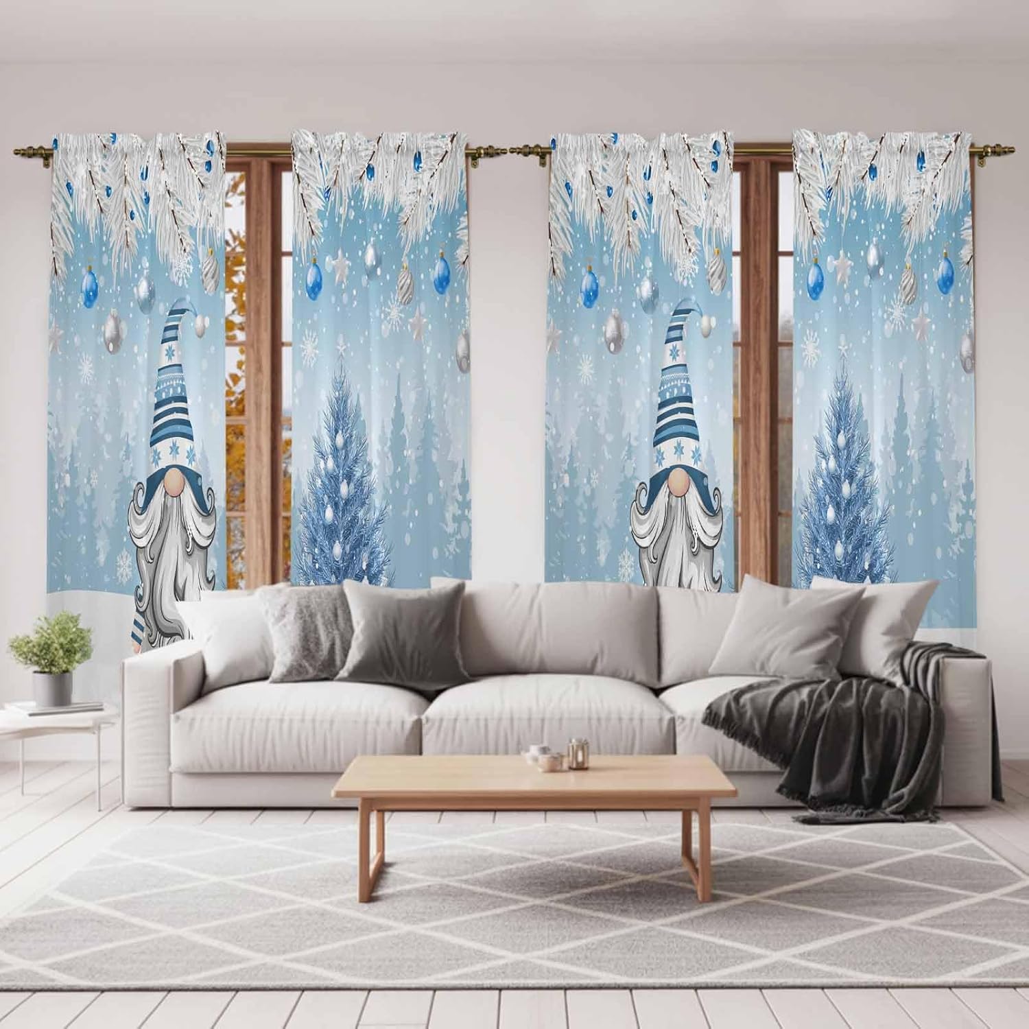 Blue Gnomes Christmas Window Curtains 72 Inch Long 2 Panel Set, Rod Pocket Long Curtains & Drapes, Snowflake Xmas Tree Gifts Winter Light Filtering Window Treatment for Bedroom Living Room 52"W x 72"L
