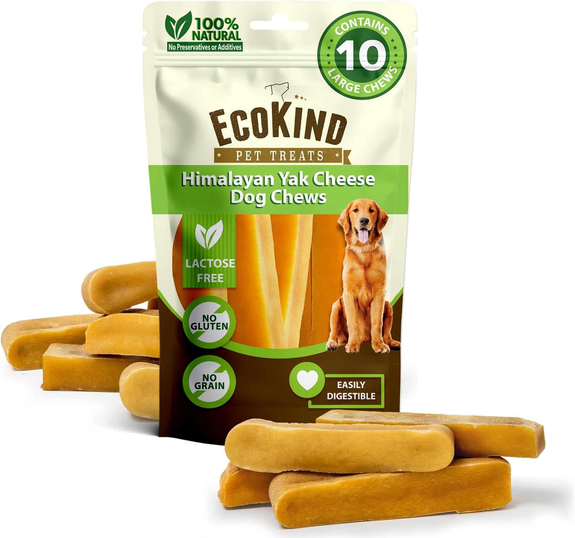 - EcoKind Premium Gold Yak Cheese Himalayan Dog Chews, Dog Treats Large Breed, All Natural, High Protein, for Aggressive Chewers, Large - 10 Chews