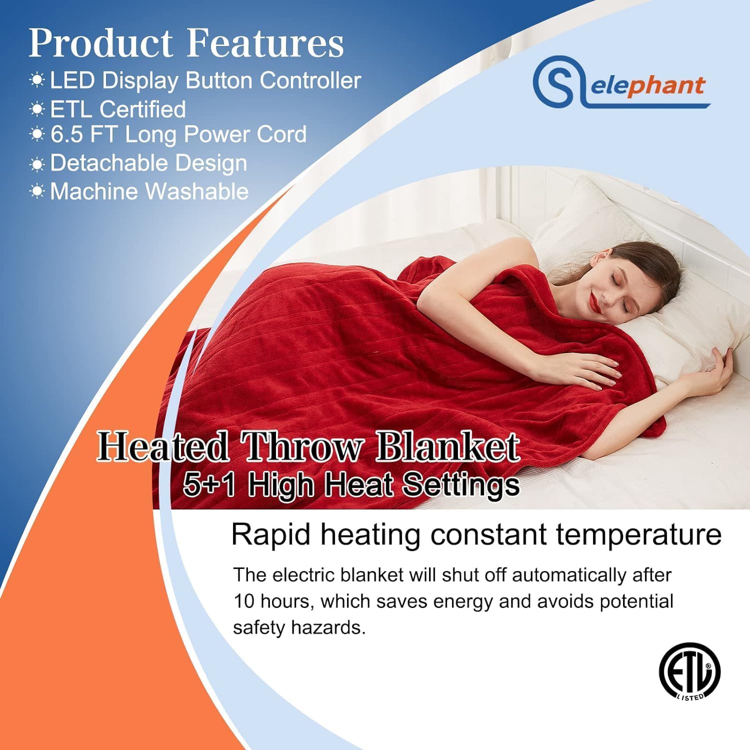 Heated Blanket Full Size, Burgundy, 62" x 84" Electric Throw Blankets with 5+1 Heat Settings Flannel Heating Blanket,10hrs of Auto Off, Machine Washable-2 Years Warranty