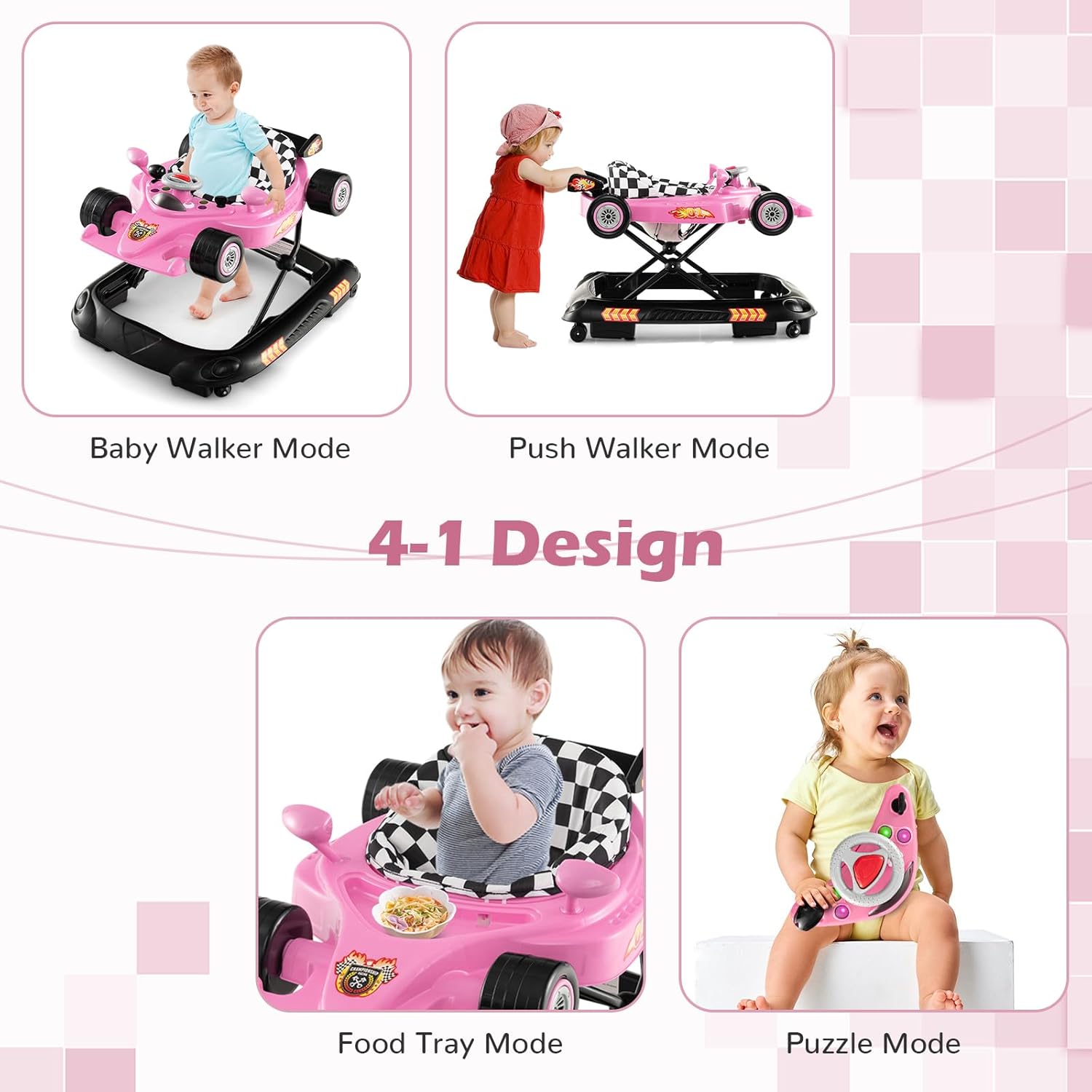 BABY JOY 4-in-1 Baby Walker, Foldable Activity Walker with Adjustable Height, Music & Lights, Anti-Rollover, Toddler Push Walker, Baby Walker with Wheels for Boys Girls 6-14 Months (Pink)