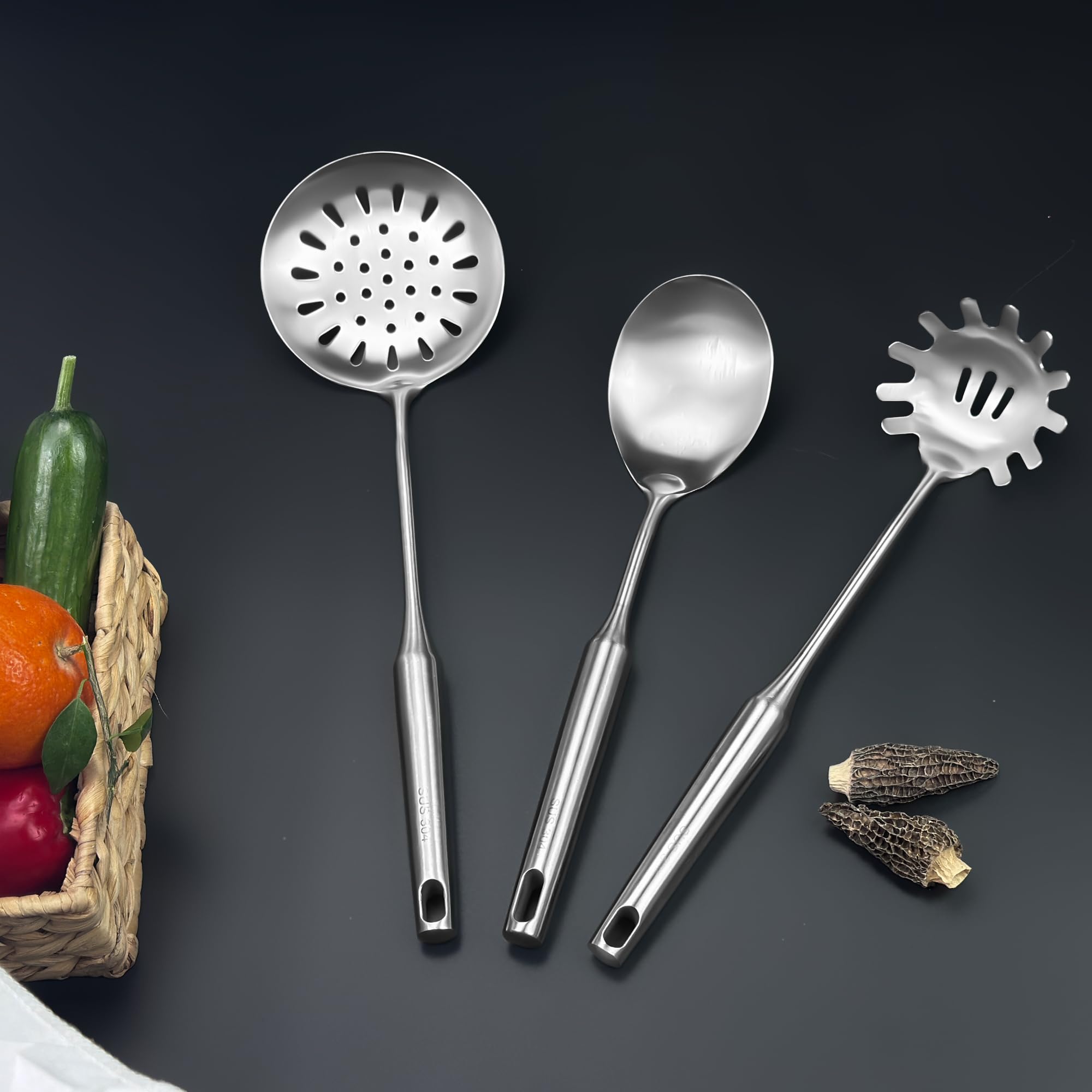 Juego de utensilios de cocina de acero inoxidable 18/8, 6 piezas de 15 pulgadas de largo, juego de utensilios de cocina de metal con espátula, cucharón profundo, cuchara, skimmer, servidor de pasta,