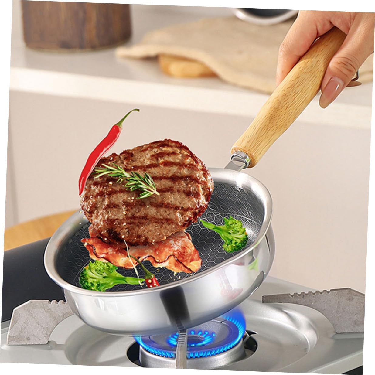 Padella Antiaderente in Acciaio 316 da 16 CM con Fondo Piatto e Manico Antiscivolo Padella per Uova e Bistecche per Cucina Casalinga e Uso Quotidiano