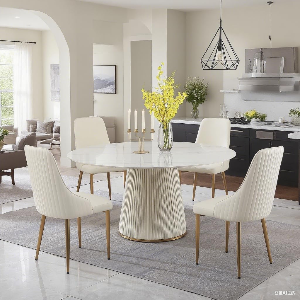 Runboll Round Dining Table Set for 6 Mid-Century Modern 53" Sintered Stone Dining Room Table with 6 Chairs