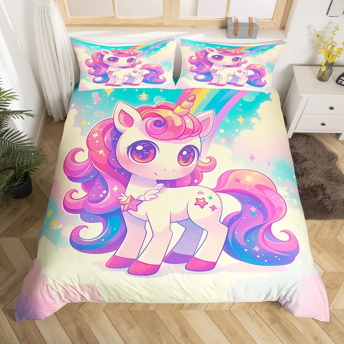 Cute Unicorn Duvet Cover Set Toddler Size,Cartoon Animals Bedding Set,Rainbow Cloud Magical Horse Quilt Cover for Kids,Comforter Cover(No Filler),2 Pcs