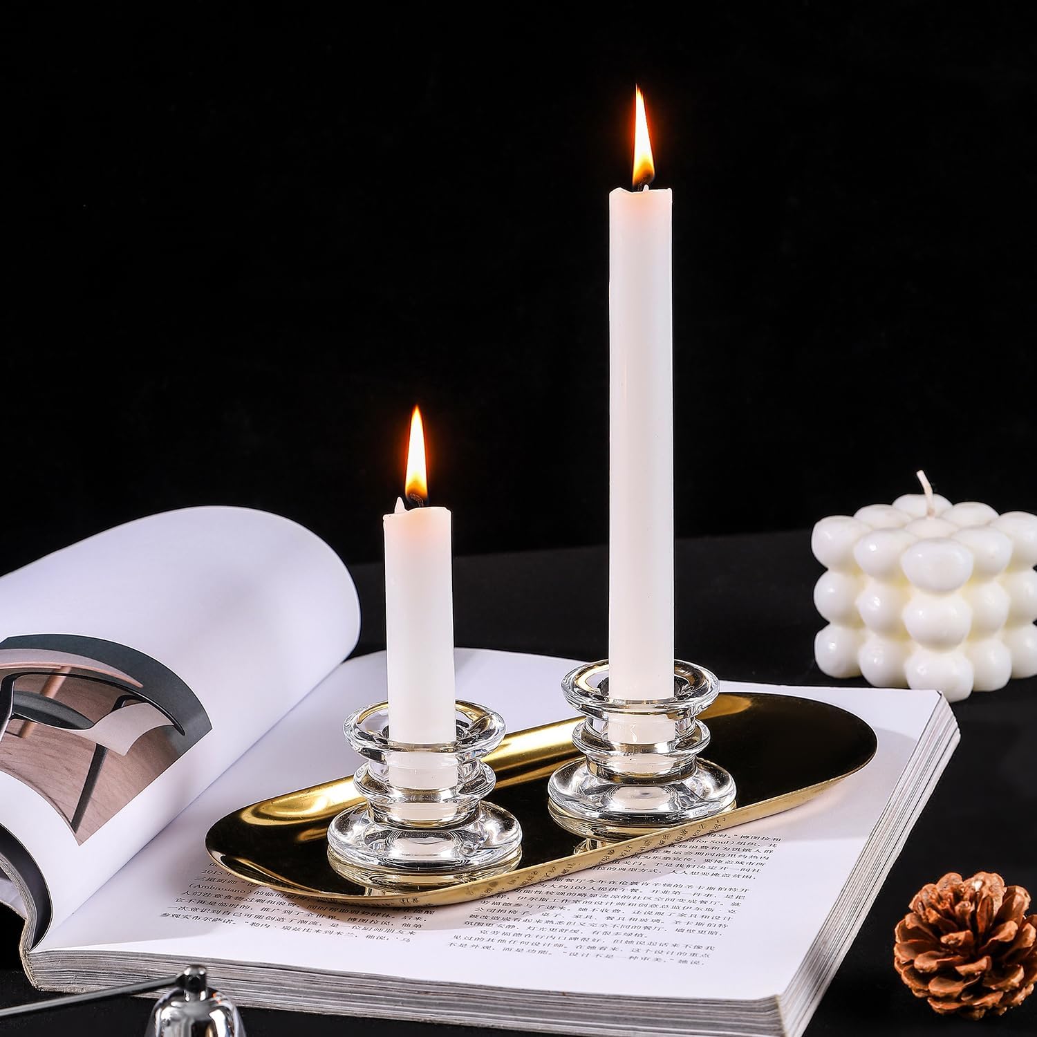 Glass Candle Sticks Holder Decor Clear Short Small Candlestick Holders Modern for Table Centerpiece Wedding Christmas Dinner Party (WZ-1-Clear-24pcs)