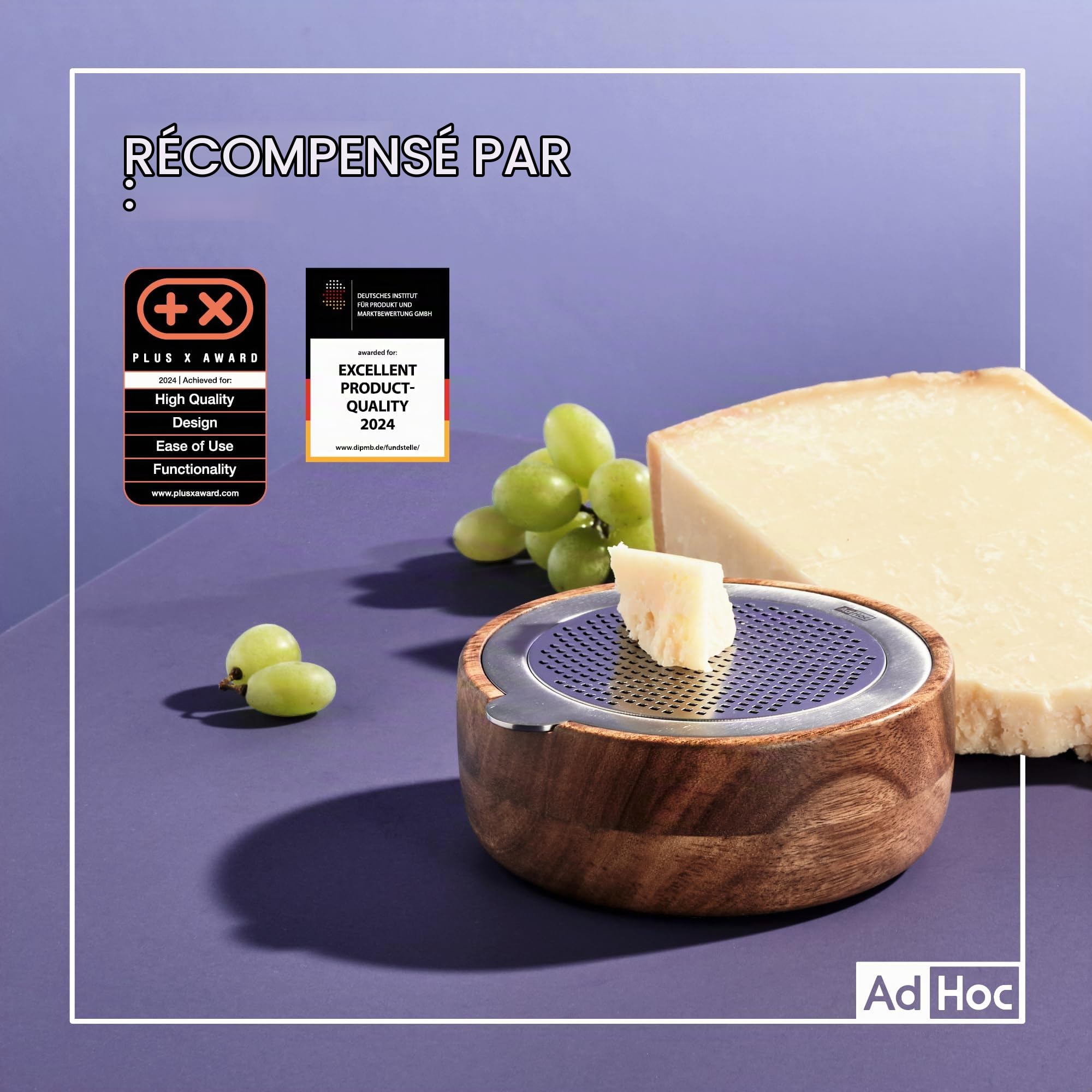 AdHoc CutnServe Râpe fine à fromage avec récipient, noir | Lame inox PreciseGrate pour parmesan, fromage à pâte dure, chocolat, noix et épices, récipient en bois d’acacia