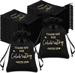 100 Pcs Thank You Satin Gift Bags Wedding Favor Drawstring Bags Jewelry Pouches Bulk Candy Bags for Wedding Bridal Shower Baby Shower Birthday Bachelor Party Holiday (Black, 4 x 6 Inch)