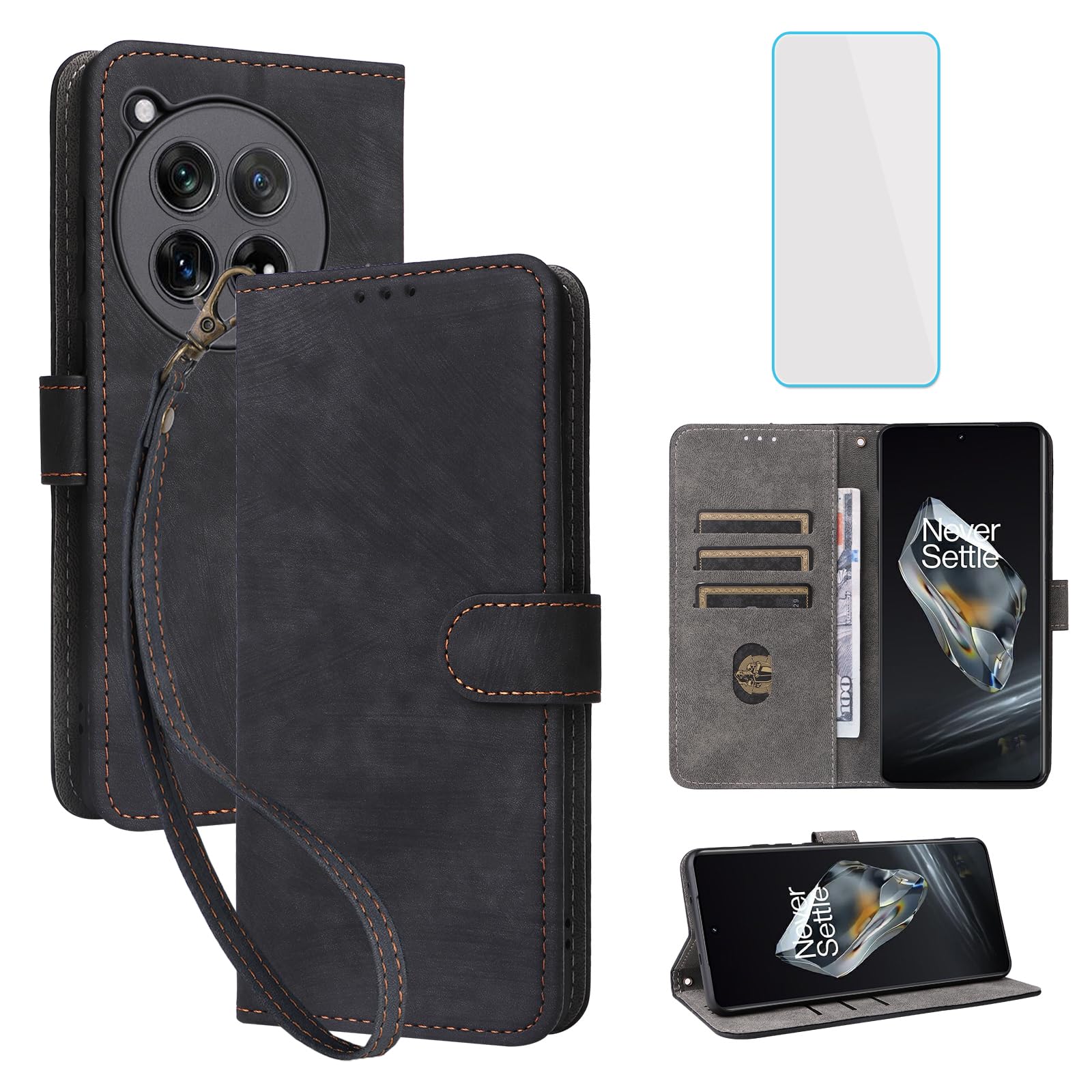 IUQXU for OnePlus 12 5G Wallet Case with Screen Protector [RFID Blocking] Leather Case Card Holder Kickstand Cell Phone Cover for 1+ One Plus 12 5G -