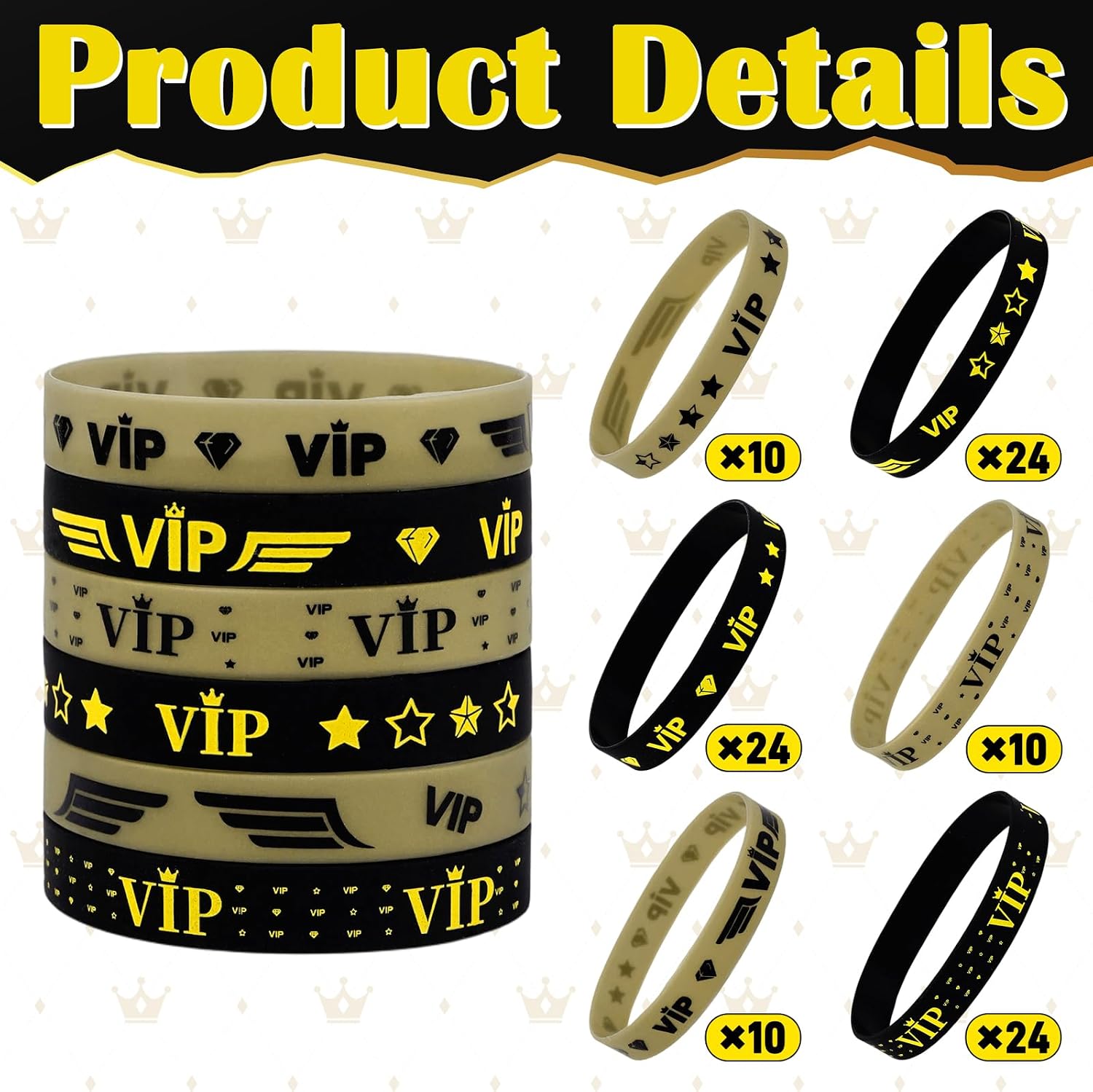 100pcs VIP Wristbands for Events – Black Gold Rubber Bracelets Bulk for Party, Sports, Access Control