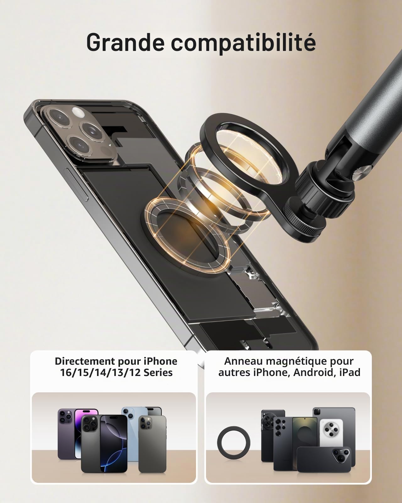 TELESIN Support Tablette de Serrage Magnétique pour Lit | RéGlable Rotatif à 360° avec Bras Stable, Support Porte-Pince Magnétique pour Magsafe/iPhone/Android/IPad